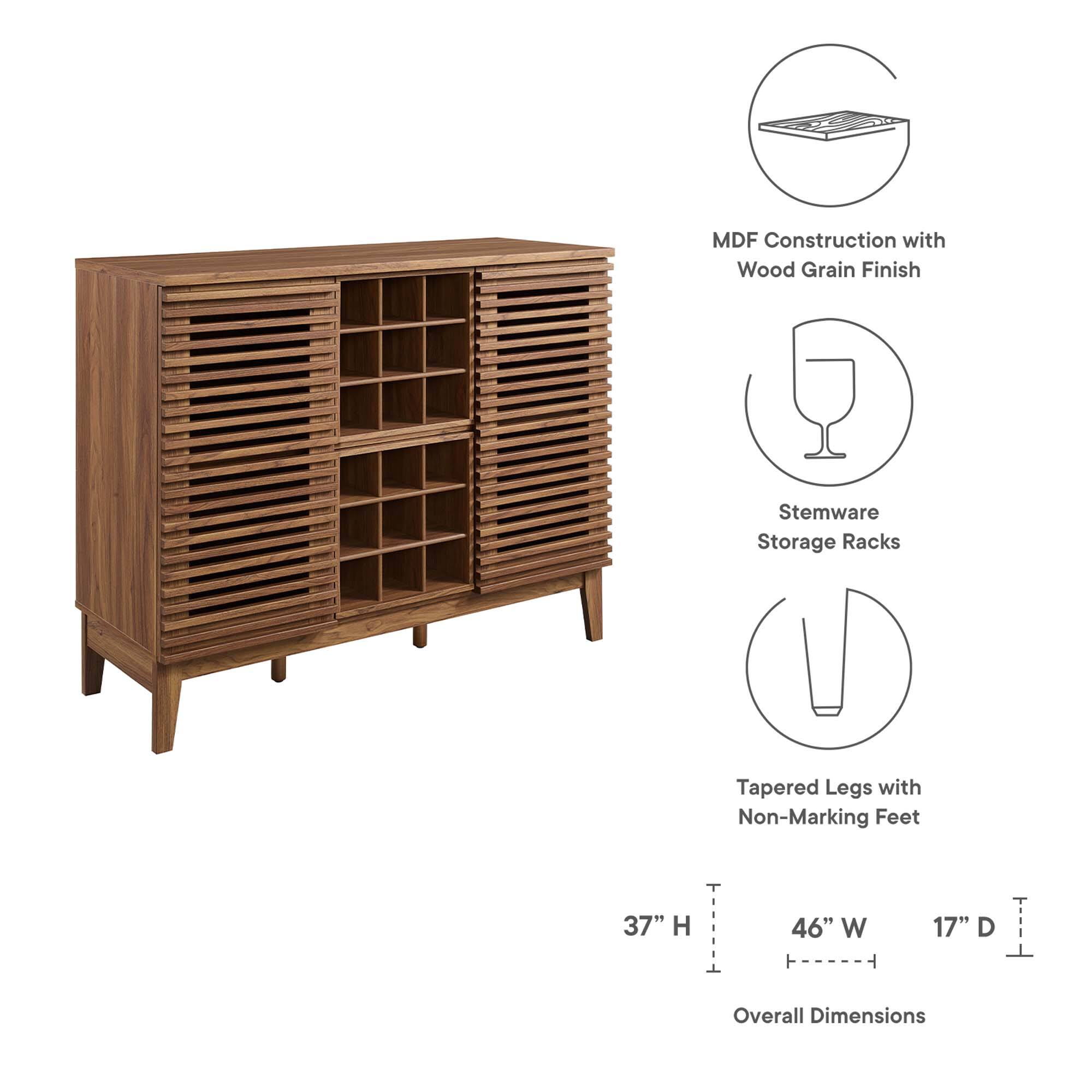 MDF Construction with Wood Grain Finish  
Stemware Storage Racks  
Tapered Legs with Non-Marking Feet  

Overall Dimensions:  
37" H x 46" W x 17" D