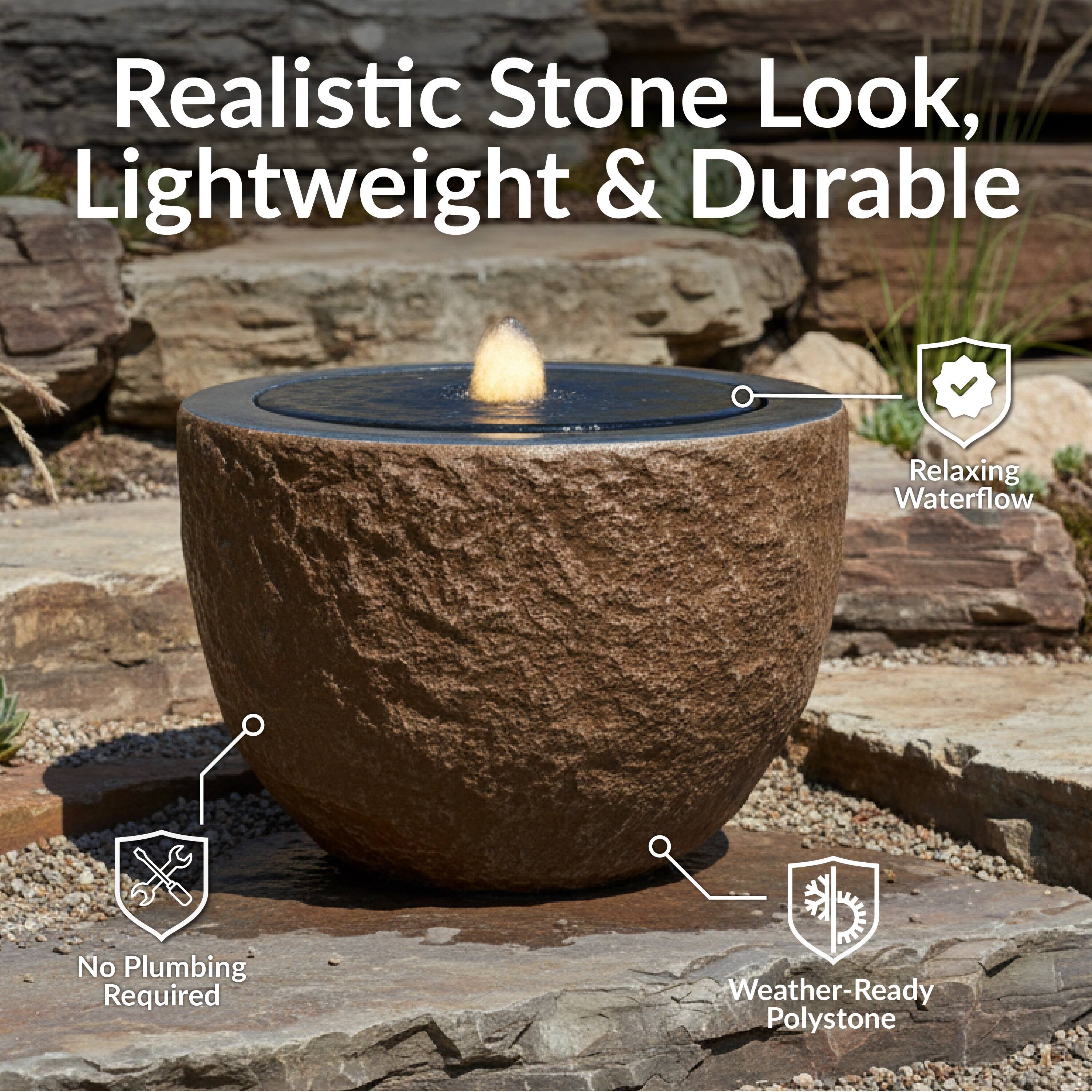 Realistic Stone Look, Lightweight & Durable  
Relaxing Waterflow  
No Plumbing Required  
Weather-Ready Polystone