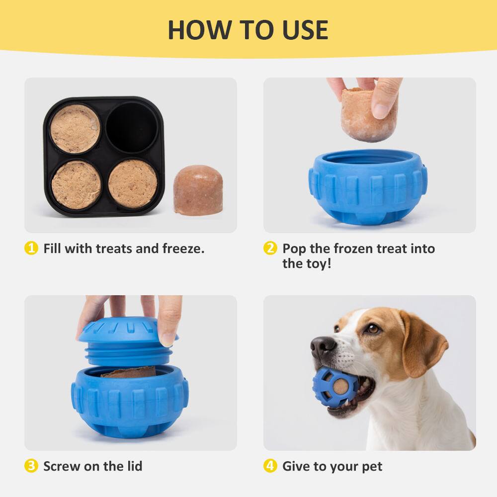 HOW TO USE

1. Fill with treats and freeze.
2. Pop the frozen treat into the toy!
3. Screw on the lid
4. Give to your pet