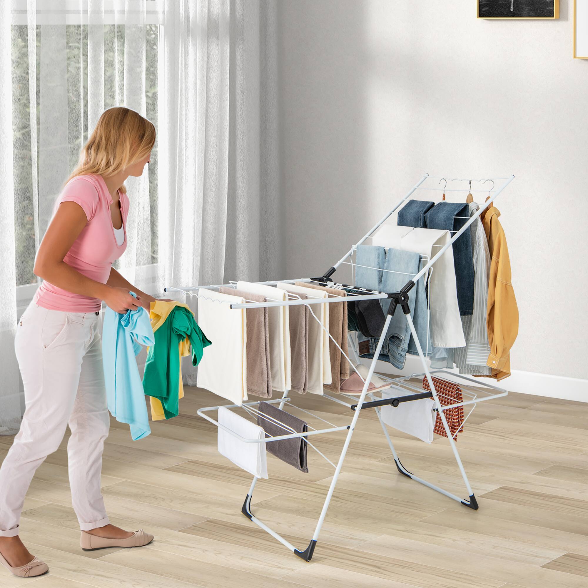 Alt View 3. Gymax - Gymax Folding Clothes Drying Rack 2-Tier Metal Laundry Drying Rack Laundry Drying Rack - White.