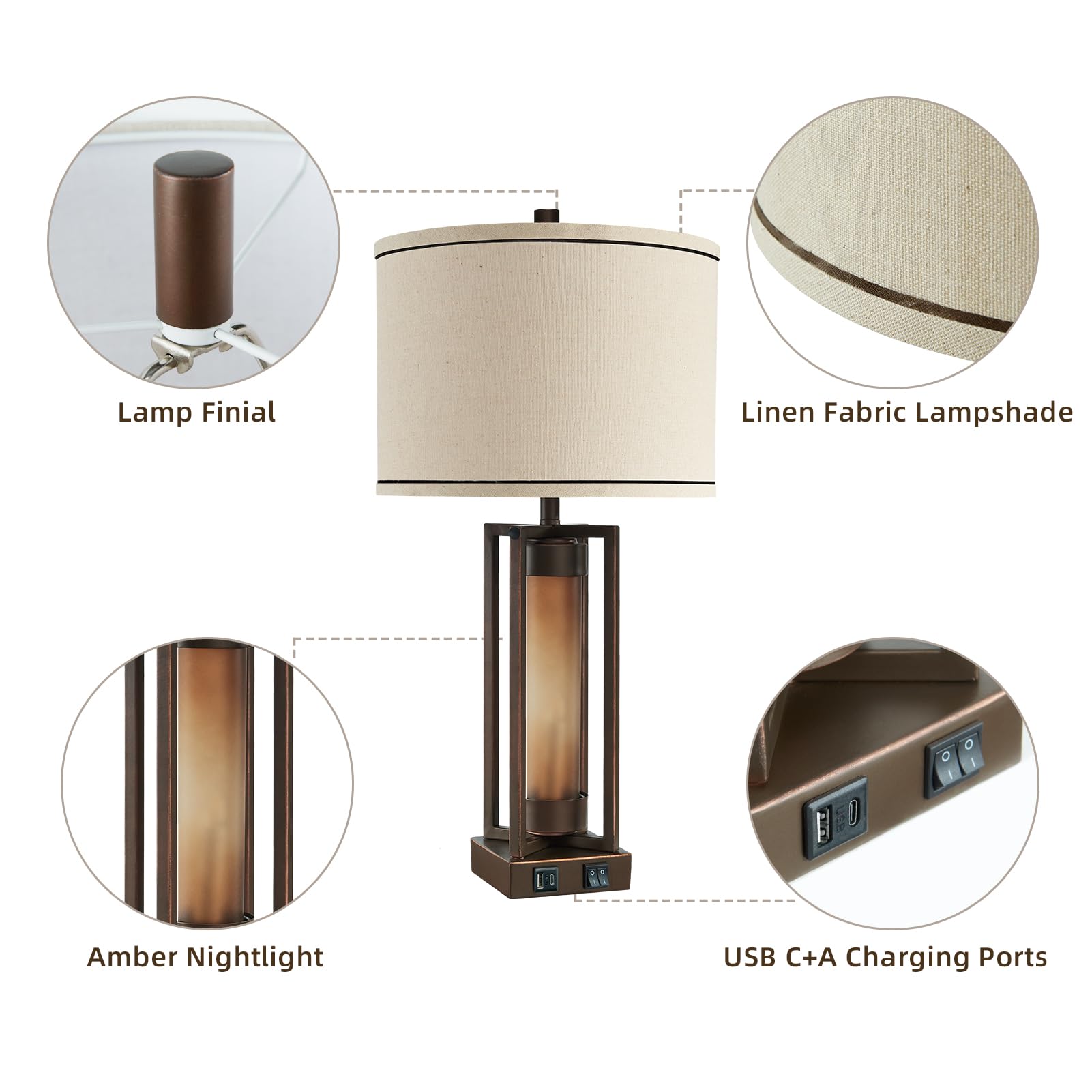 Lamp Finial  
Linen Fabric Lampshade  
Amber Nightlight  
USB C+A Charging Ports