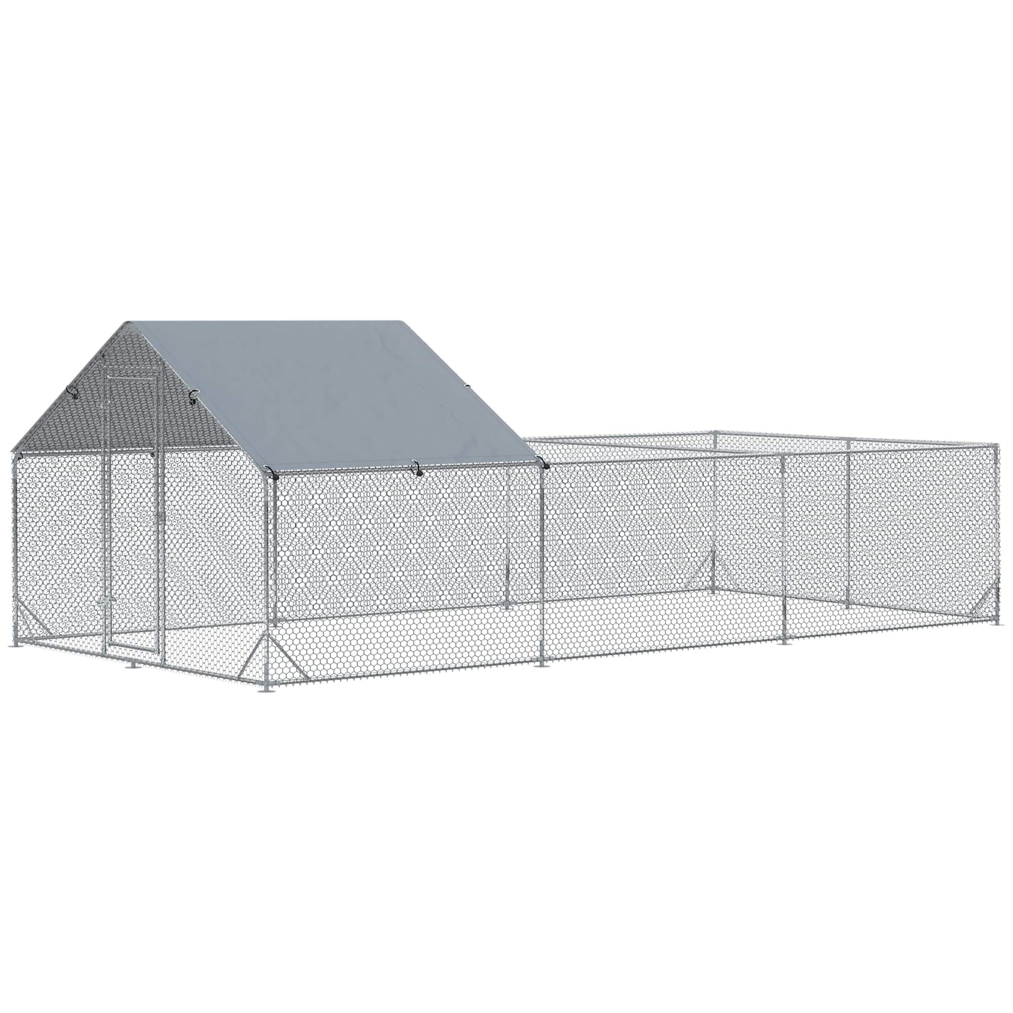 Pawhut - 19.7' x 9.8' x 6.4' Large Metal Chicken Coop Run, Waterproof Anti-UV Cover Spire Fence Cage, Walk-in Hen House