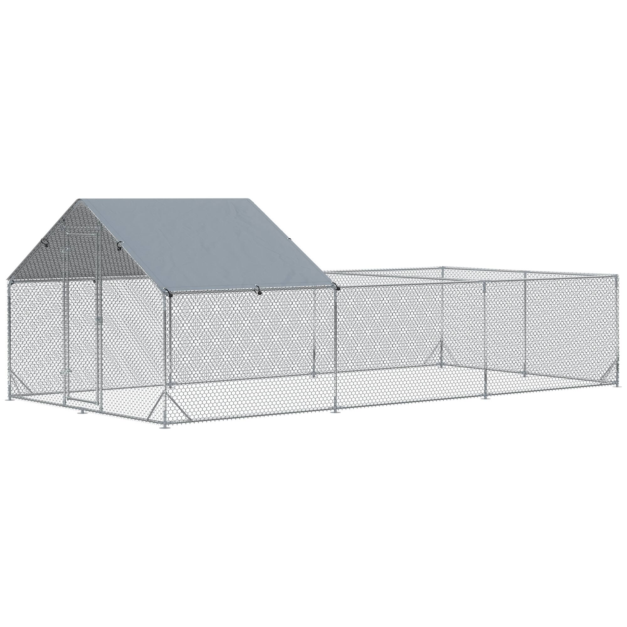 Pawhut - 19.7' x 9.8' x 6.4' Large Metal Chicken Coop Run, Waterproof Anti-UV Cover Spire Fence Cage, Walk-in Hen House