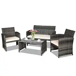 Pefilos - Patio Furniture Set 4 Pieces Outdoor Rattan Chair Wicker Sofa Garden Conversation Bistro Sets for Yard, Pool or Backyard - Black
