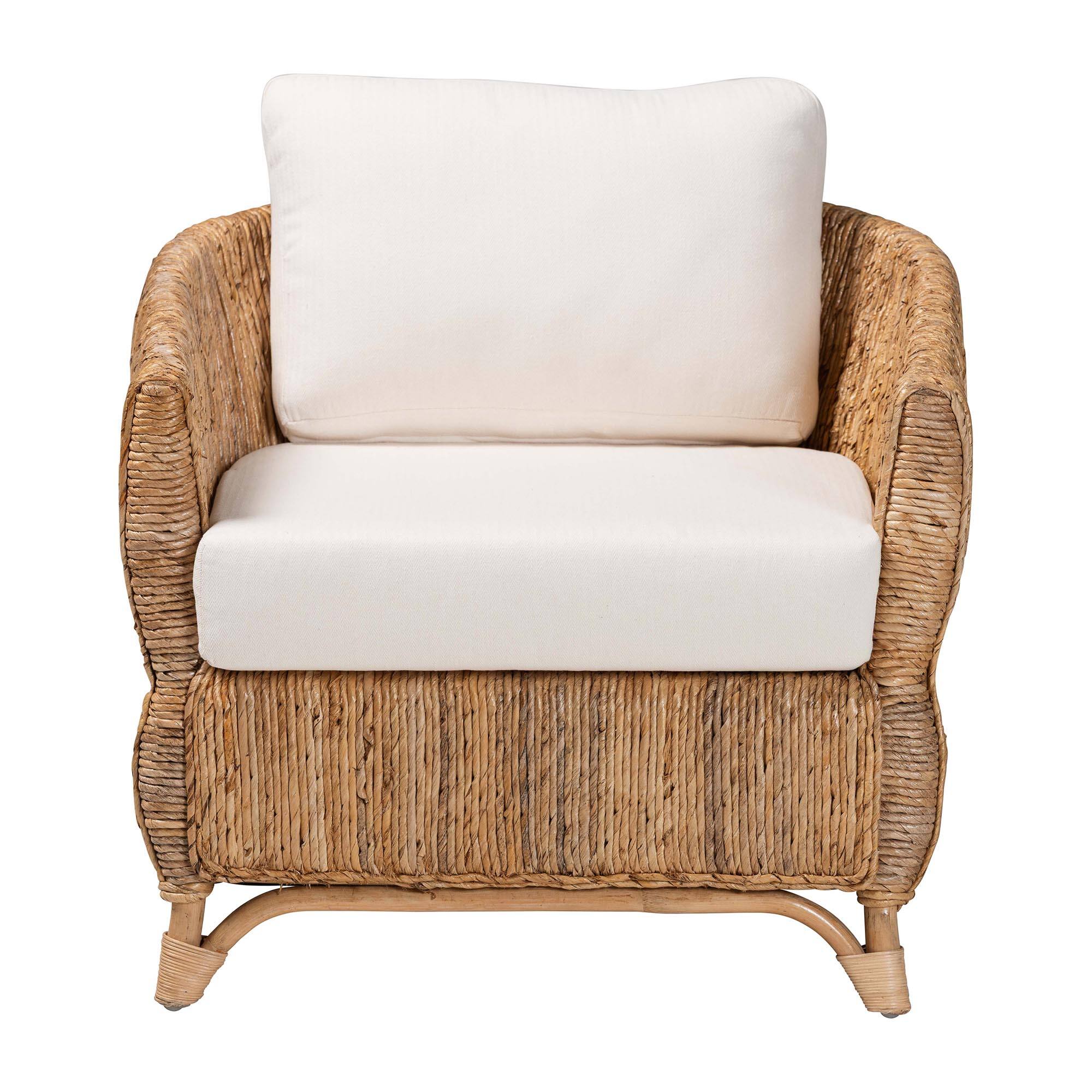 Angle. bali & pari - Roma Rattan and Seagrass Armchair with Cushions - Handwoven Lounge Chair with Wide Armrests and Sculptural Base - Natural Brown/Brown.