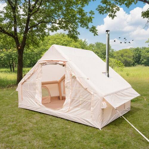 Angle. Anysun - Inflatable Camping Tent with Hand Pump – Easy Setup Waterproof & Windproof Blow‑Up Tent, with Mesh & Chimney Window - Beige.