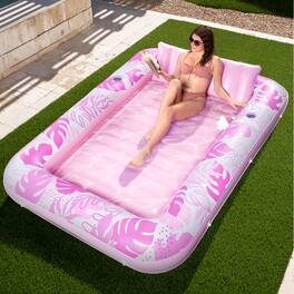 Joyfy - 85" x 57" Inflatable Tanning Pool with Pillow, Suntan Tub Floatie Raft Suntanning Float Bed for Adult - Blushing Pink