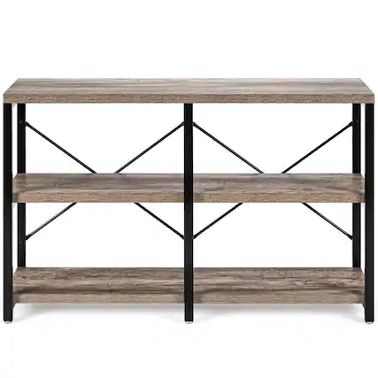 Front. Resenkos - 3 Tier 47 Inch Console Metal Frame Sofa Table-Natural, Narrow Console Table, Entryway Hall Table with Shelves - Brown.