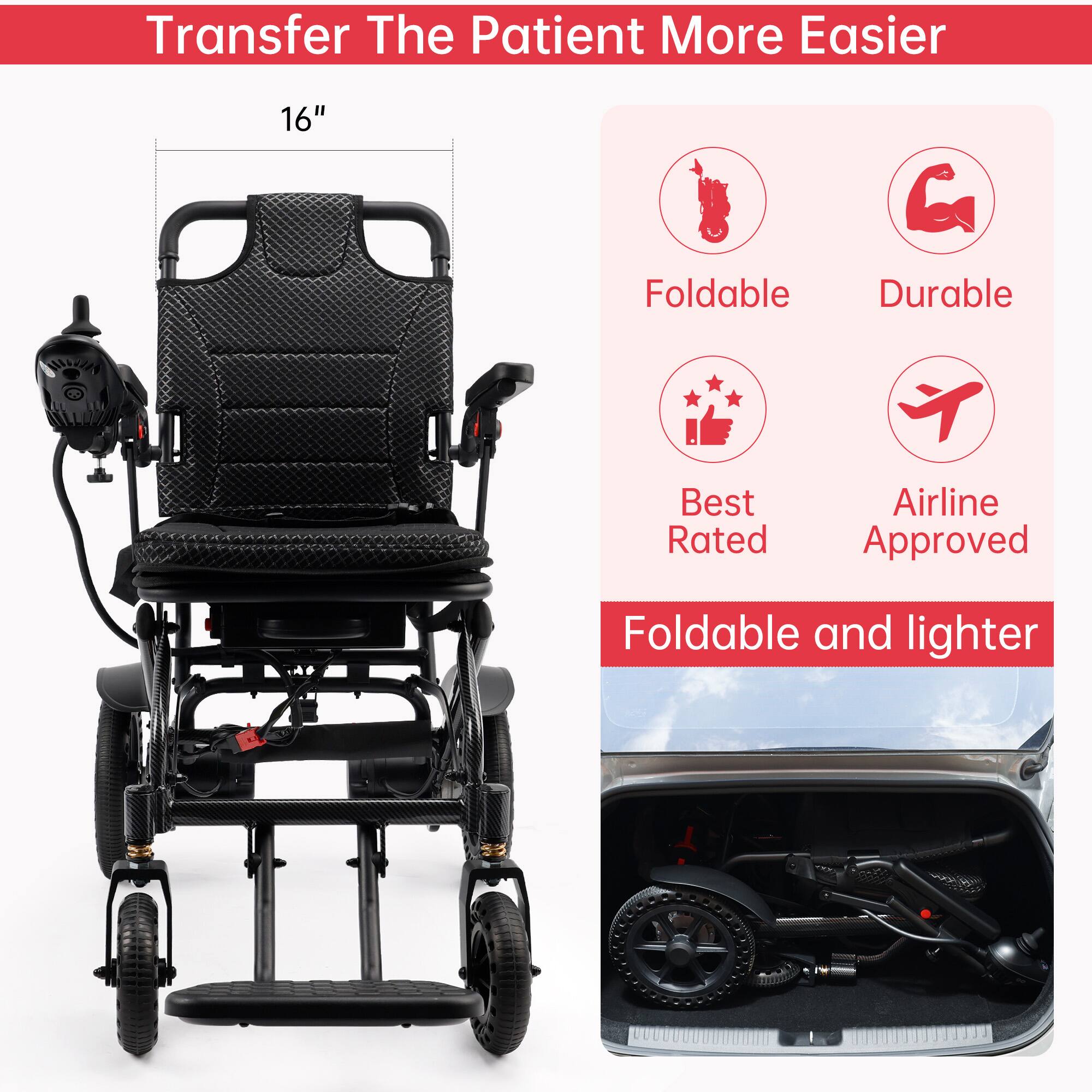 Alt View 4. Topteng - 360W Lightweight Folding Electric Wheelchair - 25-Mile Range, 46LBS, for Adults & Seniors Black - Black.