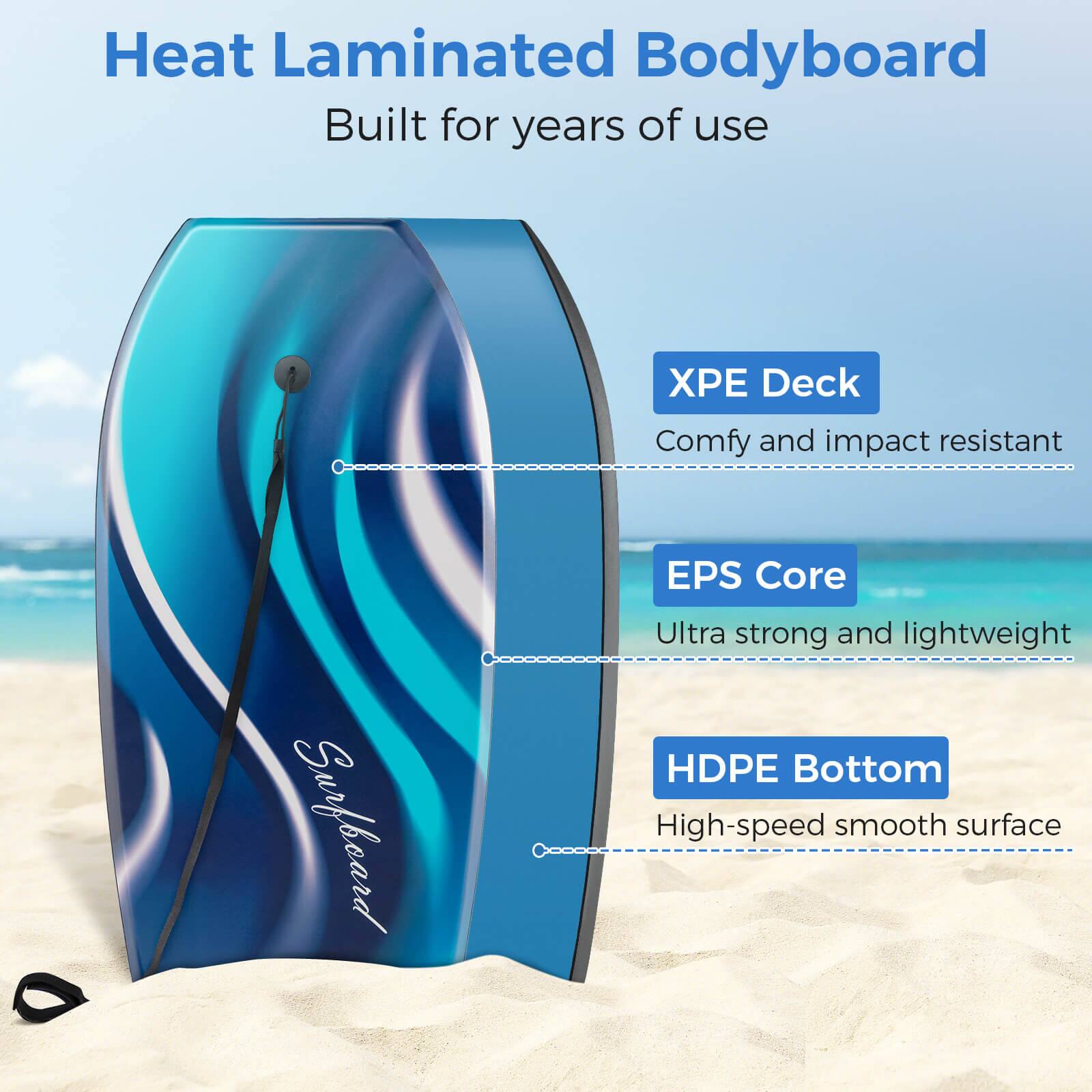 Heat Laminated Bodyboard Built for years of use Deck: Comfy and impact resistant Surfbeard EPS Core: Ultra strong and lightweight HDPE Bottom: High-speed smooth surface