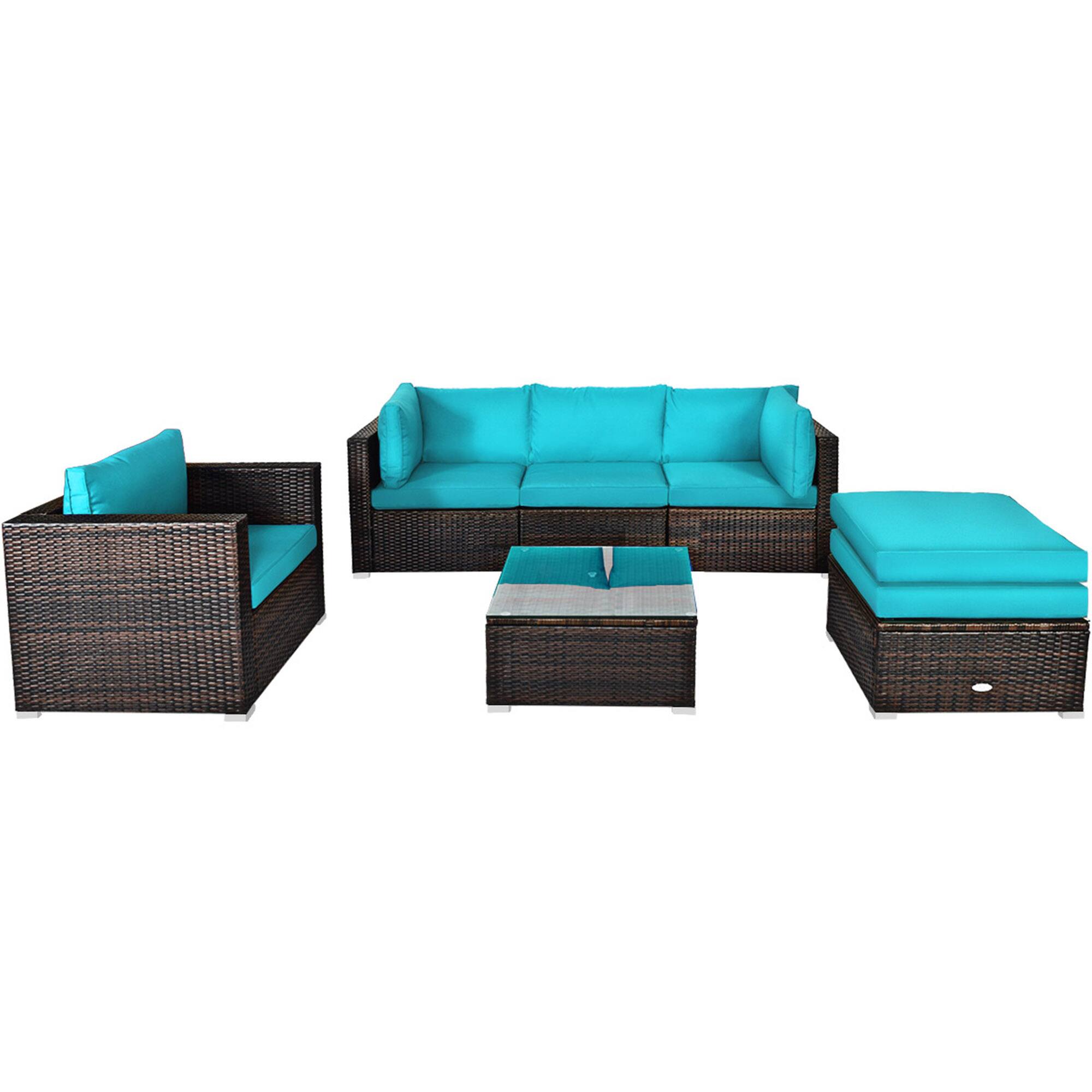 Alt View 1. Gymax - Gymax 6PCS Patio Conversation Set Rattan Sectional Furniture Set w/ Turquoise Cushions - Turquoise.