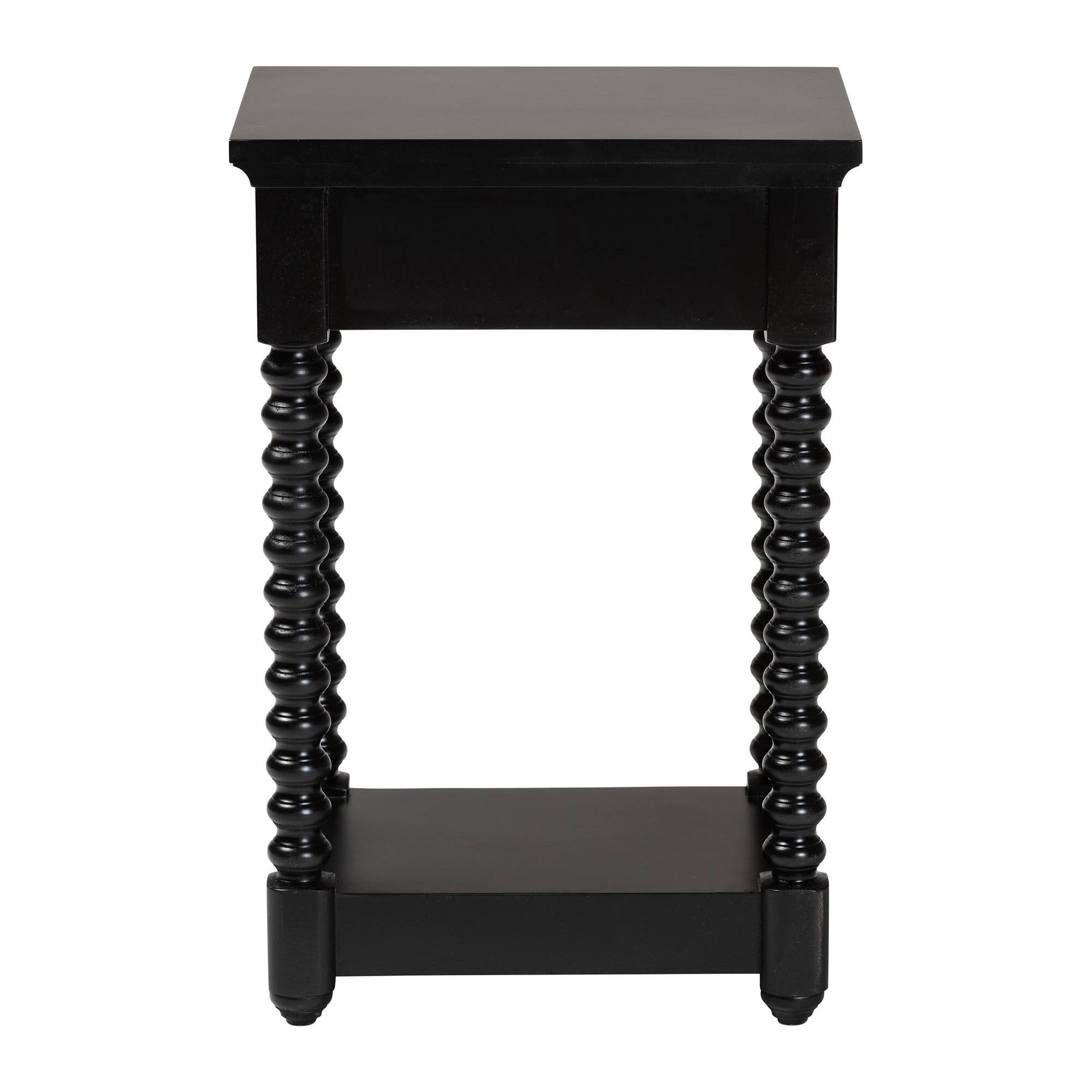 Alt View 1. bali & pari - Baxton Studio Terentia Nightstand with Bobbin Legs - 1-Drawer Bedroom Side Table with Storage Shelf, Black - Black.