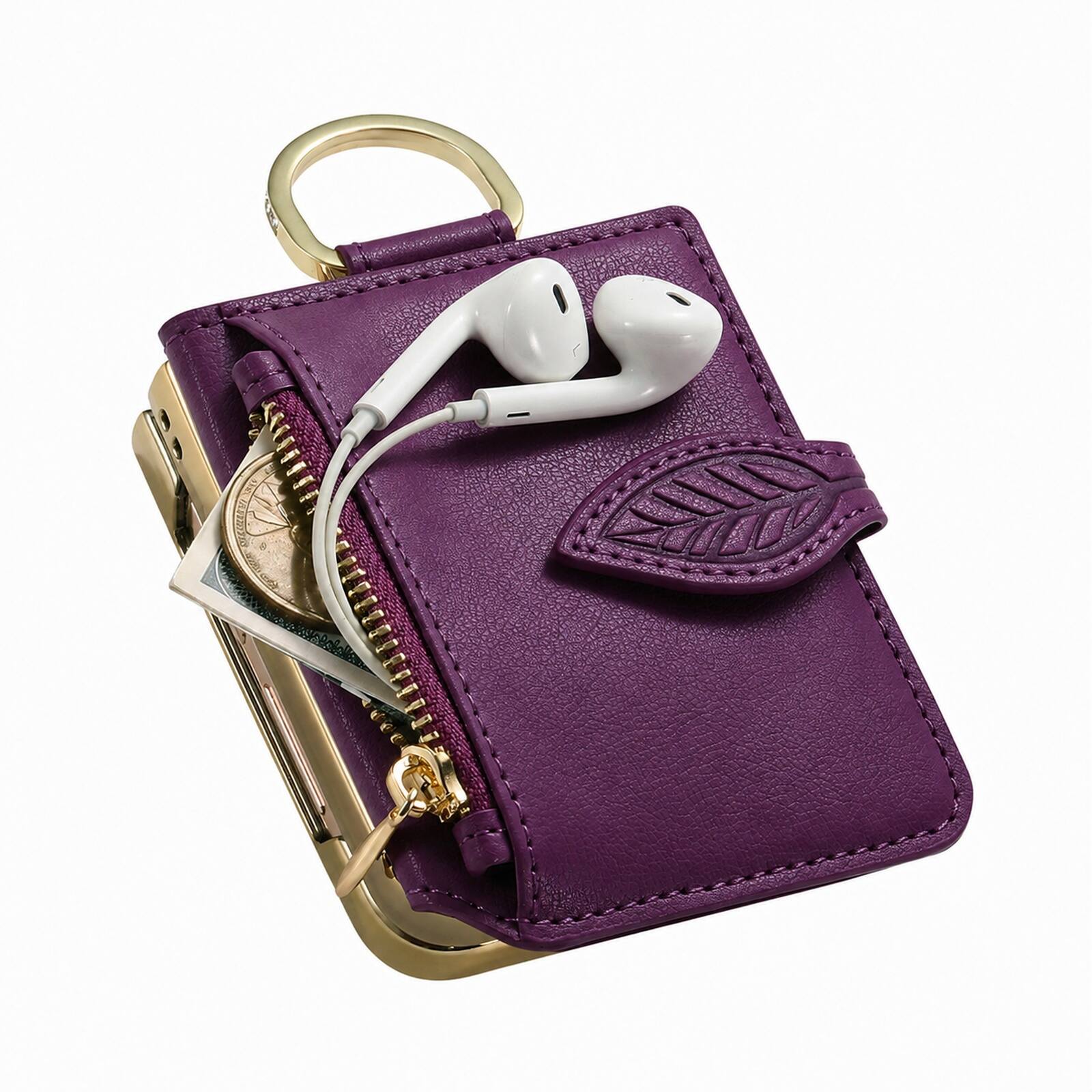 Alt View 1. Dteck - Zipper Wallet Card Pocket Back Cover for Samsung Galaxy Z Flip8 with Mirror Design, Shockproof Finger Ring Rugged Cover - Purple.