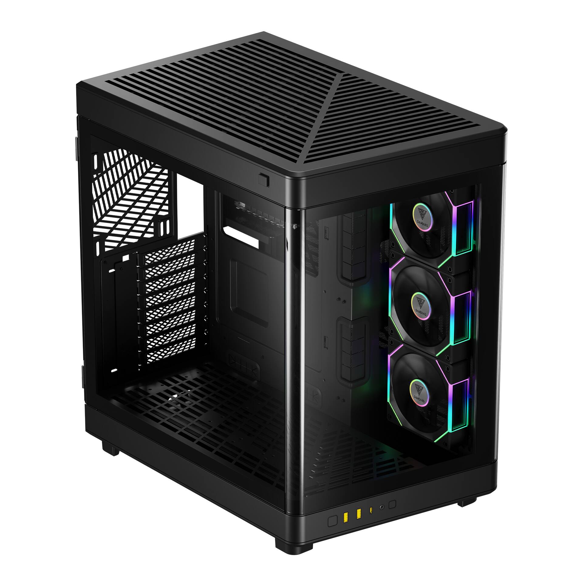 Left. GAMDIAS - NESO P1 PRO black ATX pc case a high-end full-tower with a unique trapezoidal design, fits GPU 426mm - Black.