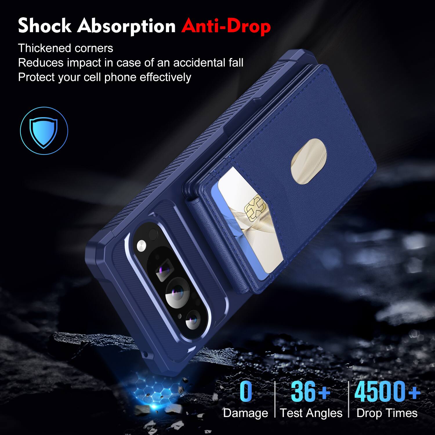 Shock Absorption Anti-Drop  
Thickened corners  
Reduces impact in case of an accidental fall  
Protect your cell phone effectively  

0 Damage  
36+ Test Angles  
4500+ Drop Times