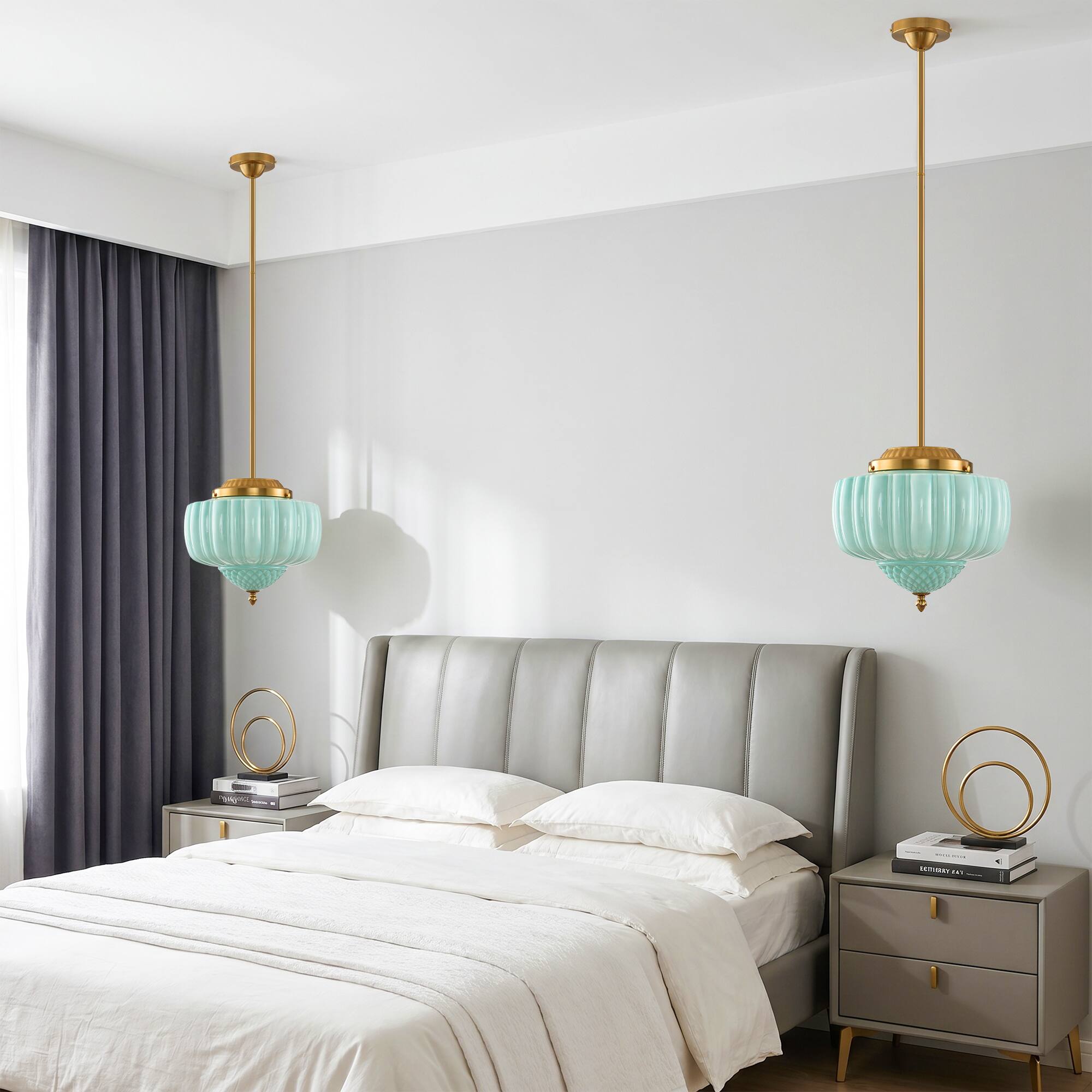 Left. Parrot Uncle - 13-Inch Vintage Green Ribbed Opal Glass 3-Light Schoolhouse Pendant Ceiling Light - Gold.