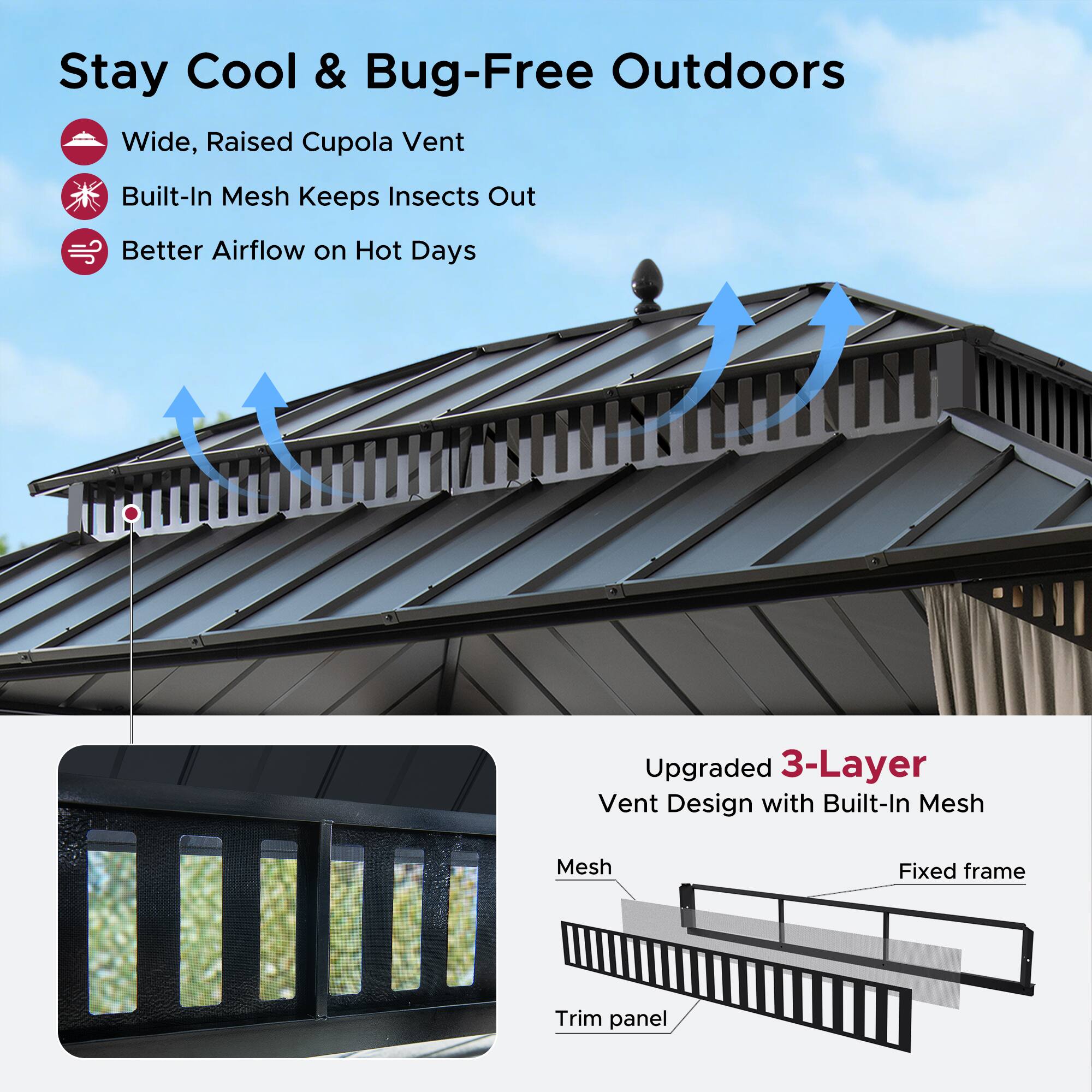 Stay Cool & Bug-Free Outdoors

- Wide, Raised Cupola Vent
- Built-In Mesh Keeps Insects Out
- Better Airflow on Hot Days

Upgraded 3-Layer Vent Design with Built-In Mesh

- Mesh
- Fixed frame
- Trim panel