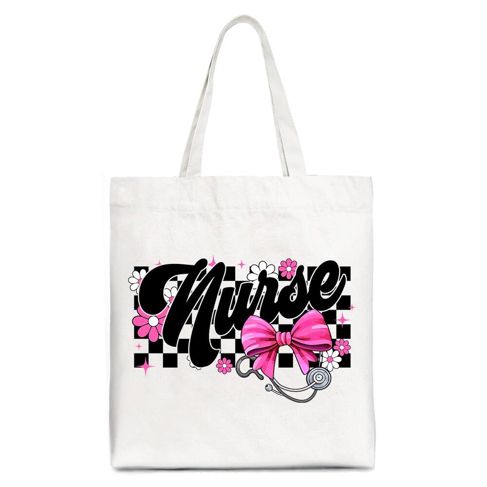 OrnamentallyYou - Nurse Floral Coquette Pink Bow Canvas Tote Bag, Retro Stethoscope Checkered Coworker Gift - White