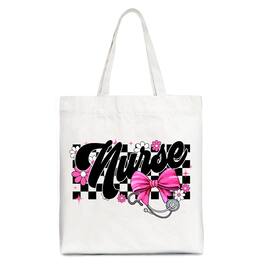 OrnamentallyYou - Nurse Floral Coquette Pink Bow Canvas Tote Bag, Retro Stethoscope Checkered Coworker Gift - White