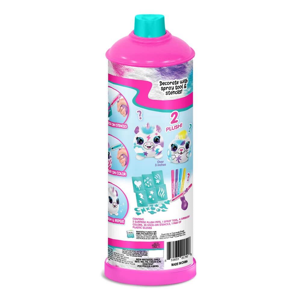Decorate with tool & spray stencils!  
2 PLUSH!  
Over 3 inches  
ASH & REPEAT  
CONTENT:  
- SPRAY PETS  
- SPRAY TOOL  
- 4 STENCILS  
- 1 PAIR OF PLASTIC GLOVES  
- STICK-ON STENCILS  
- 2 ET B  
- NEW MATERIAL  
- ONLY RC  
- MADE IN CHINA  
- 50033  
- 01200