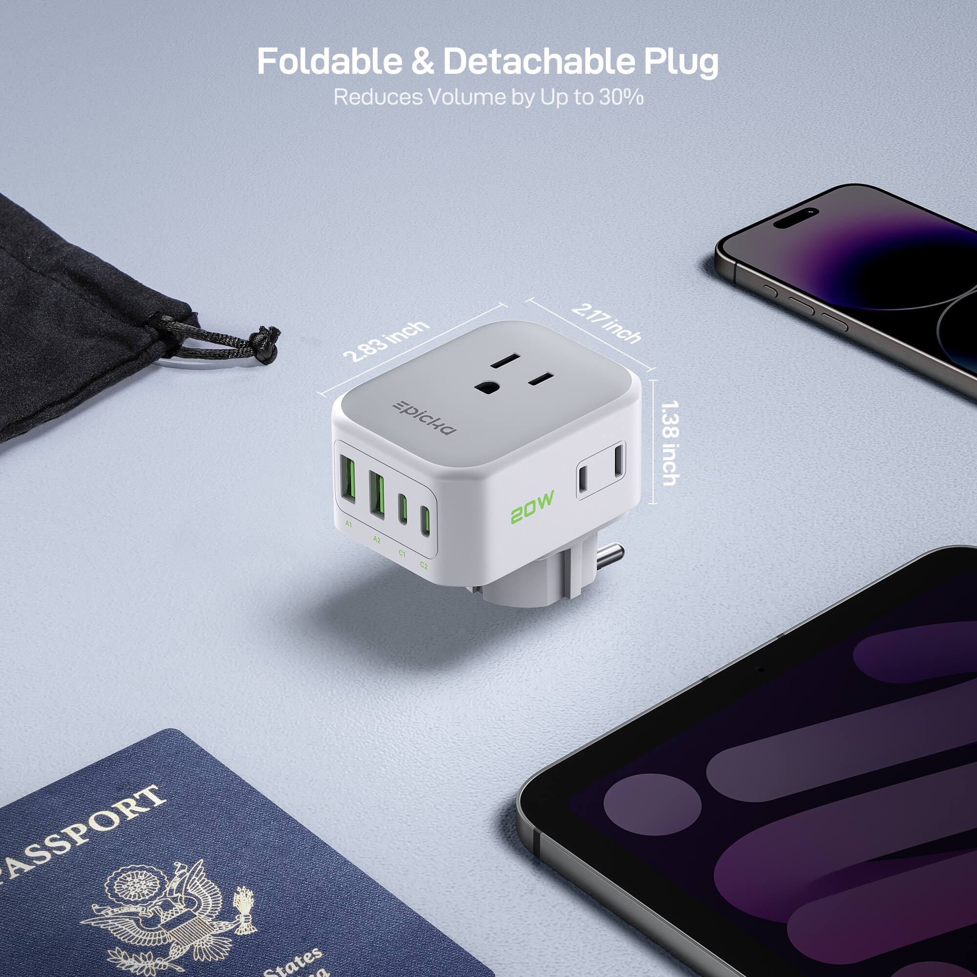 Foldable & Detachable Plug  
Reduces Volume by Up to 30%  

2.83 inch  
2.17 inch  
1.38 inch  

20W  

PASSPORT  
United States of America