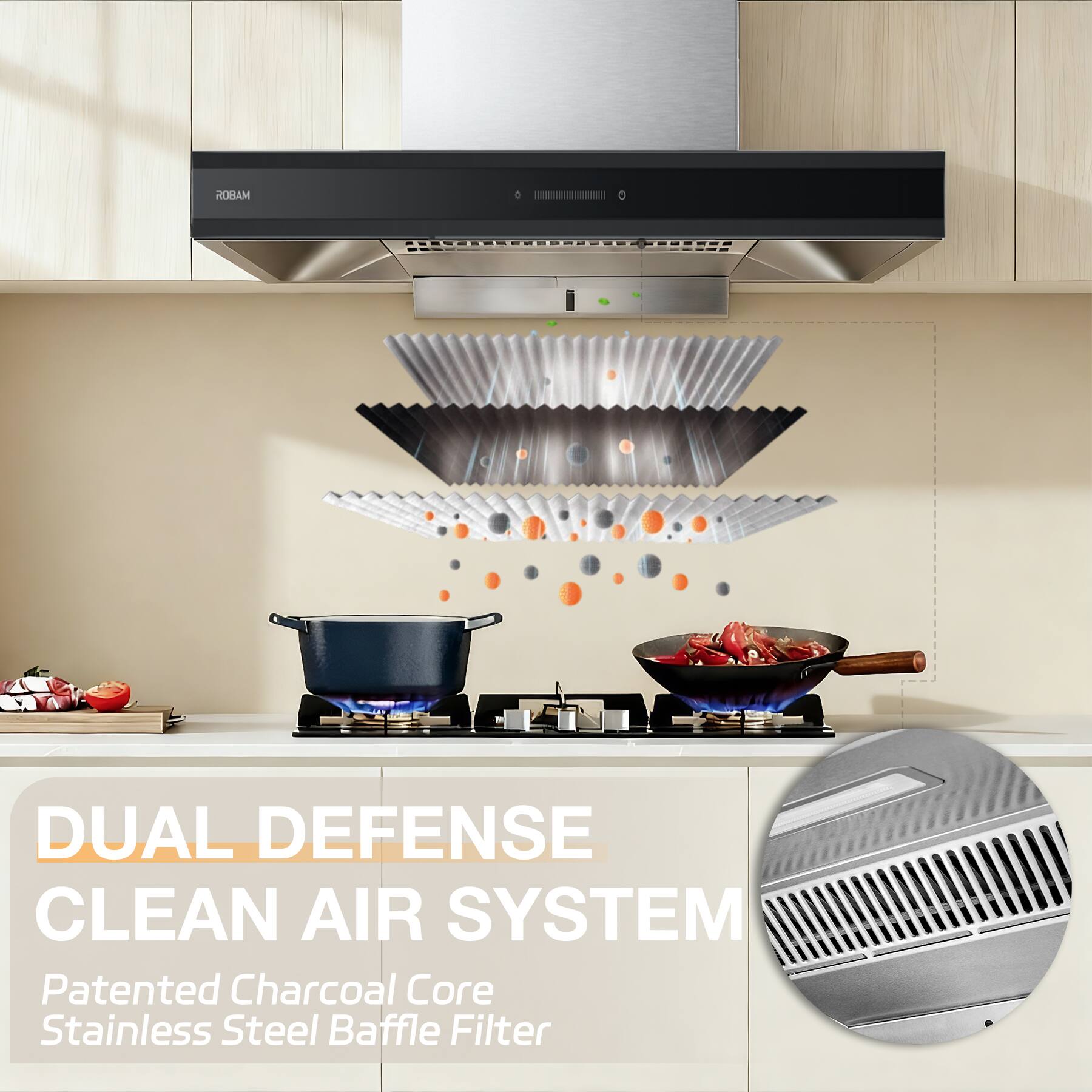 ROBAM  
DUAL DEFENSE CLEAN AIR SYSTEM  
Patented Charcoal Core Stainless Steel Baffle Filter