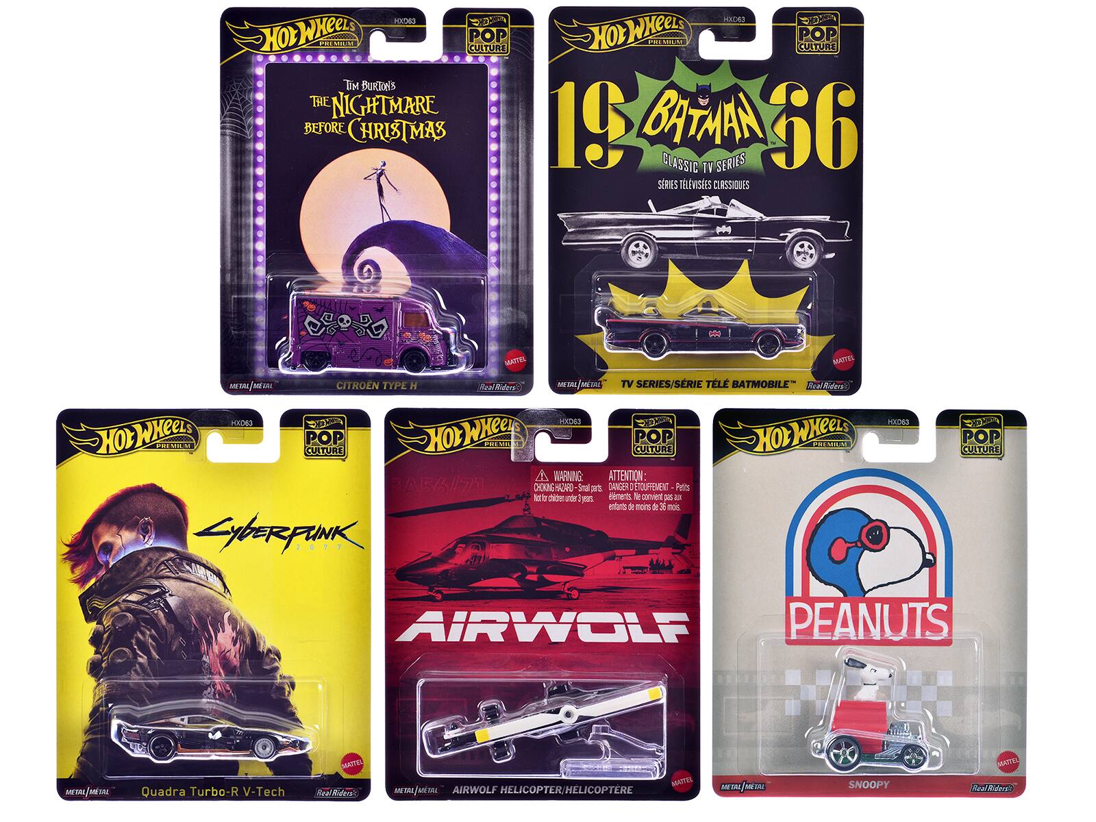 Sure, here is the corrected and grouped text from the image:
**Top Row:**
1. **Hot Wheels Premium**
- Tim Burton's The Nightmare Before Christmas
- Citroën Type H
- Real Riders
- Metal/Metal
- Mattel
2. **Hot Wheels Premium**
- 19 Batman 56
- Classic TV Series
- TV Series/Série Télévisée Classique
- Batmobile
- Real Riders
- Metal/Metal
- Mattel
**Bottom Row:**
3. **Hot Wheels Premium**
- Cyberpunk 2077
- Quadra Turbo-R V-Tech
- Real Riders
- Metal/Metal
- Mattel
4. **Hot Wheels Premium**
- Airwolf
- Airwolf Helicopter/Hélicoptère
- Real Riders
- Metal/Metal
- Mattel
5. **Hot Wheels Premium**
- Peanuts
- Snoopy
- Real Riders
- Metal/Metal
- Mattel
**Warnings:**
- WARNING: Small parts. Not for children under 3 years.
- ATT