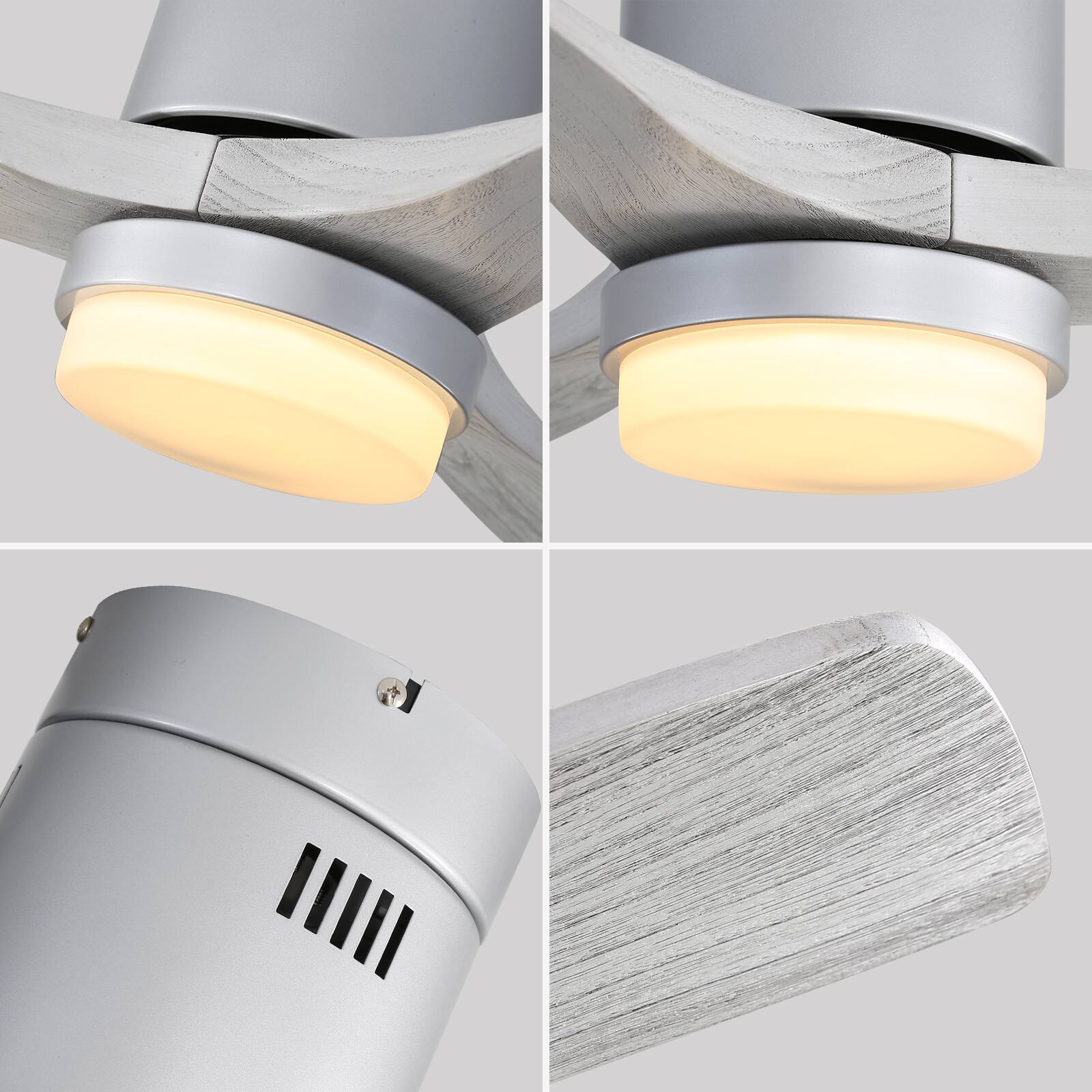 Back. Sofucor - 52'' Flush Mount Ceiling Fan with Lights 3 Wood Blades & Remote Outdoor Indoor Ceiling Fans for Bedroom/Farmhouse/Patio - Silver-Grey.