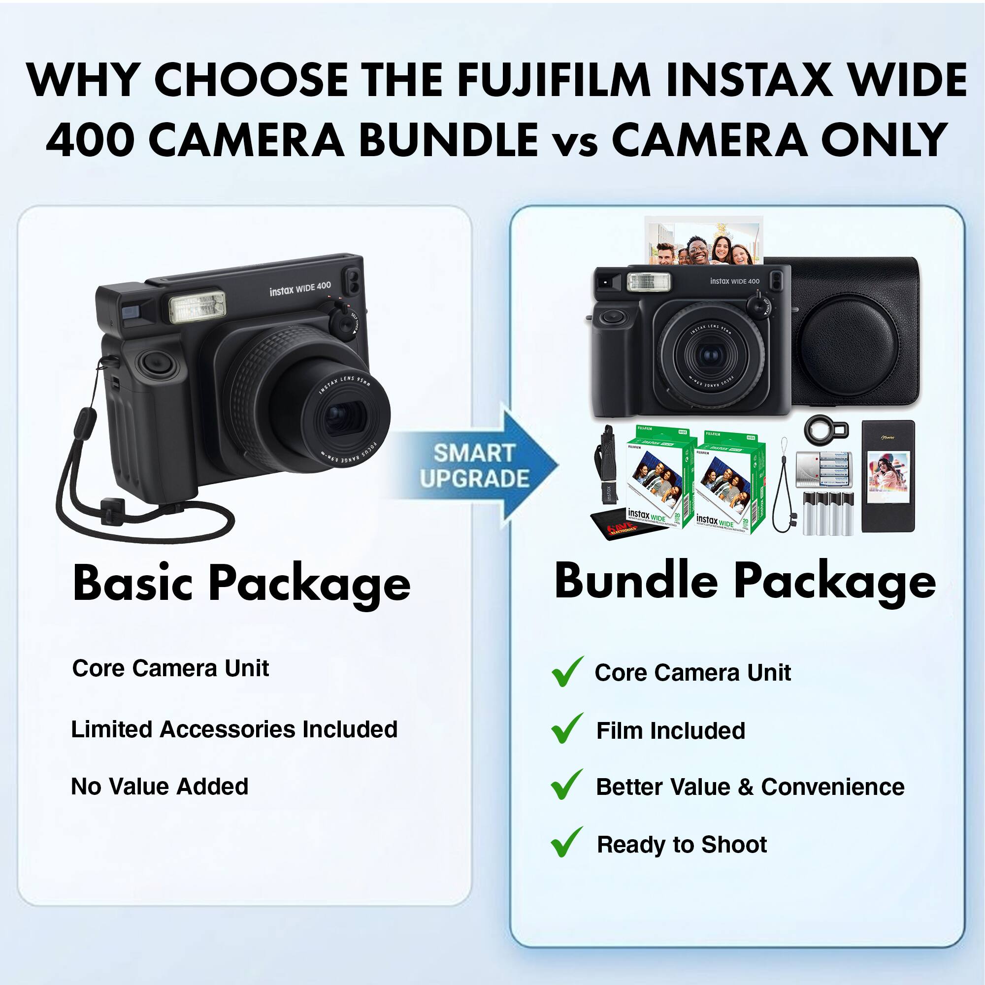WHY CHOOSE THE FUJIFILM INSTAX WIDE 400 CAMERA BUNDLE vs CAMERA ONLY

**Basic Package**
- Core Camera Unit
- Limited Accessories Included
- No Value Added

**Bundle Package**
- Core Camera Unit
- Film Included
- Better Value & Convenience
- Ready to Shoot

SMART UPGRADE