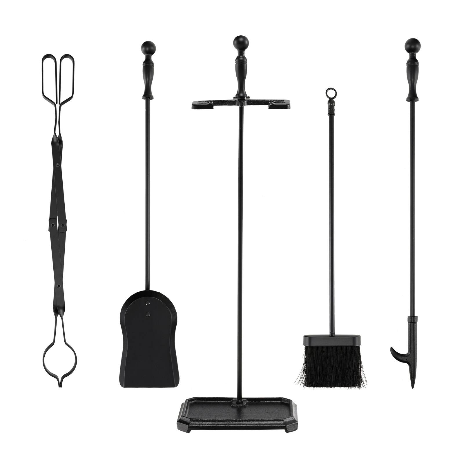 Front. Ecooso - 5-Piece Fireplace Tool Set with Poker Brush Shovel Tongs and Stand for Fire Pit Maintenance - Black.