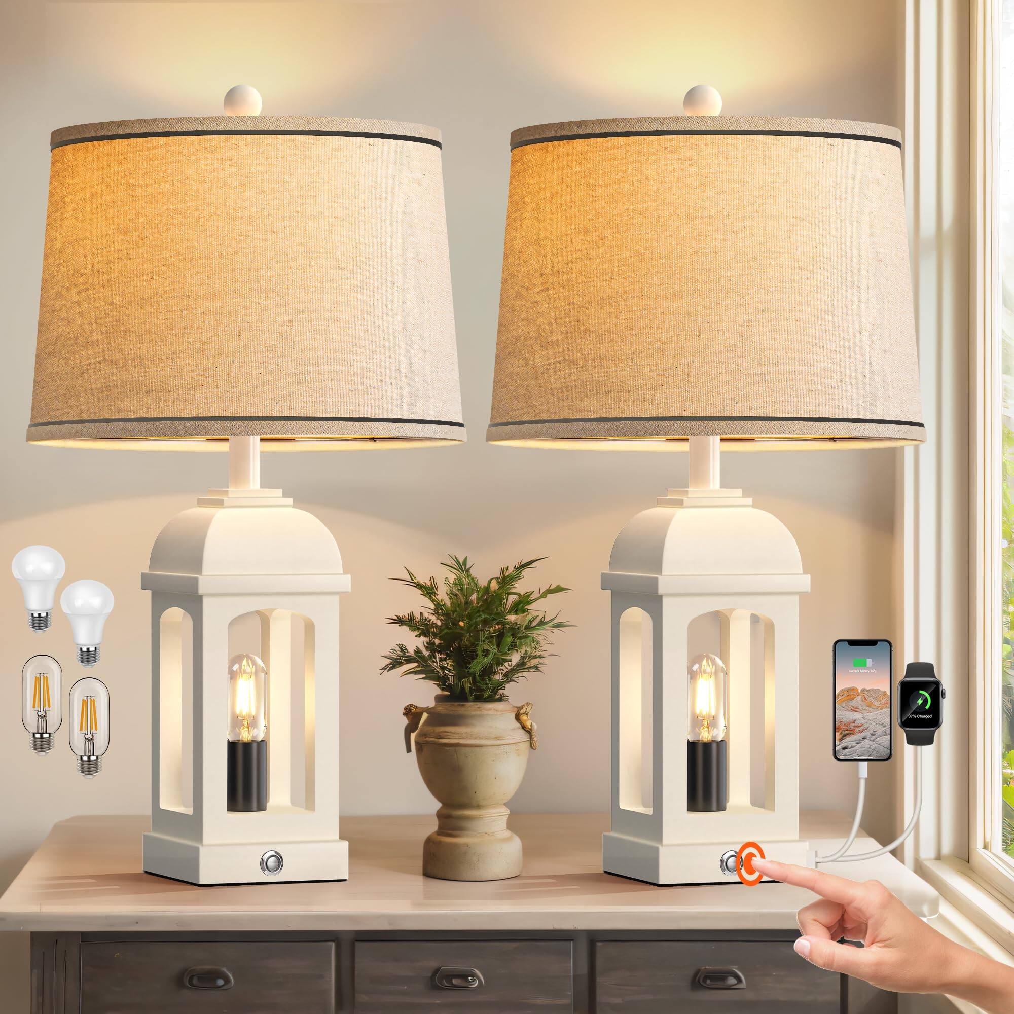 HM 1810 - QiMH Table Lamp Living Room Farmhouse Lamps Set USB Nightlight Rustic Bedside Lamps Way Dimmable Touch - White Set of 2