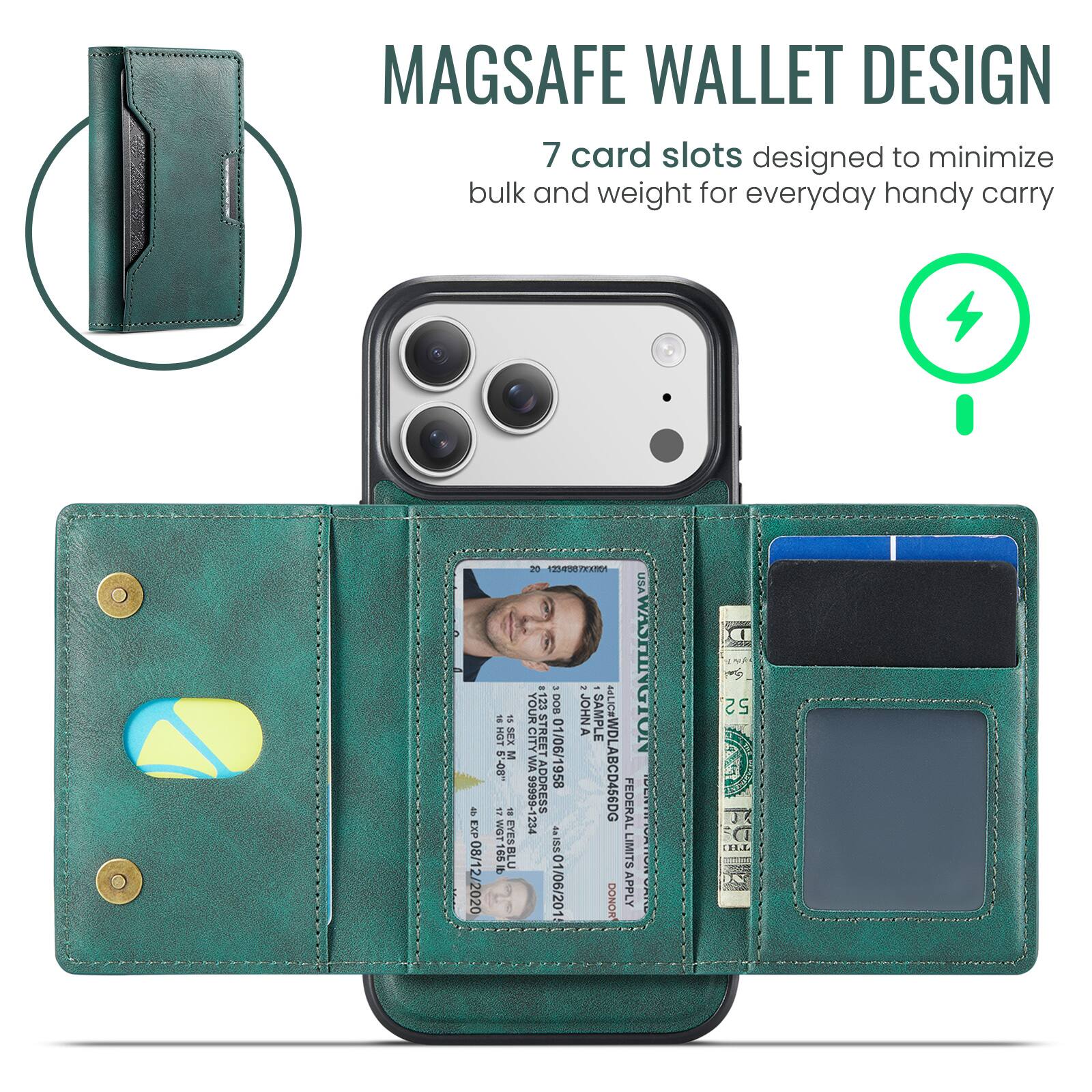 MAGSAFE WALLET DESIGN  
7 card slots designed to minimize bulk and weight for everyday handy carry  

D EXP xp08/12/2020  
a S HT 1 E 05 =  
WiT WST165lb EYESBLU o 20 17EAN0 USA  
YOURCITY STREET - CEL 1  
DON JOHNA  
A - SAMPLE NOT SILCHA WA  
ADDRESS 01/06/1958  
MLIC#WDLABCD456DG  
I FEDERAL 234  
LIMITS I501/06/201  
DONOR APPLY S 52 D ...L S