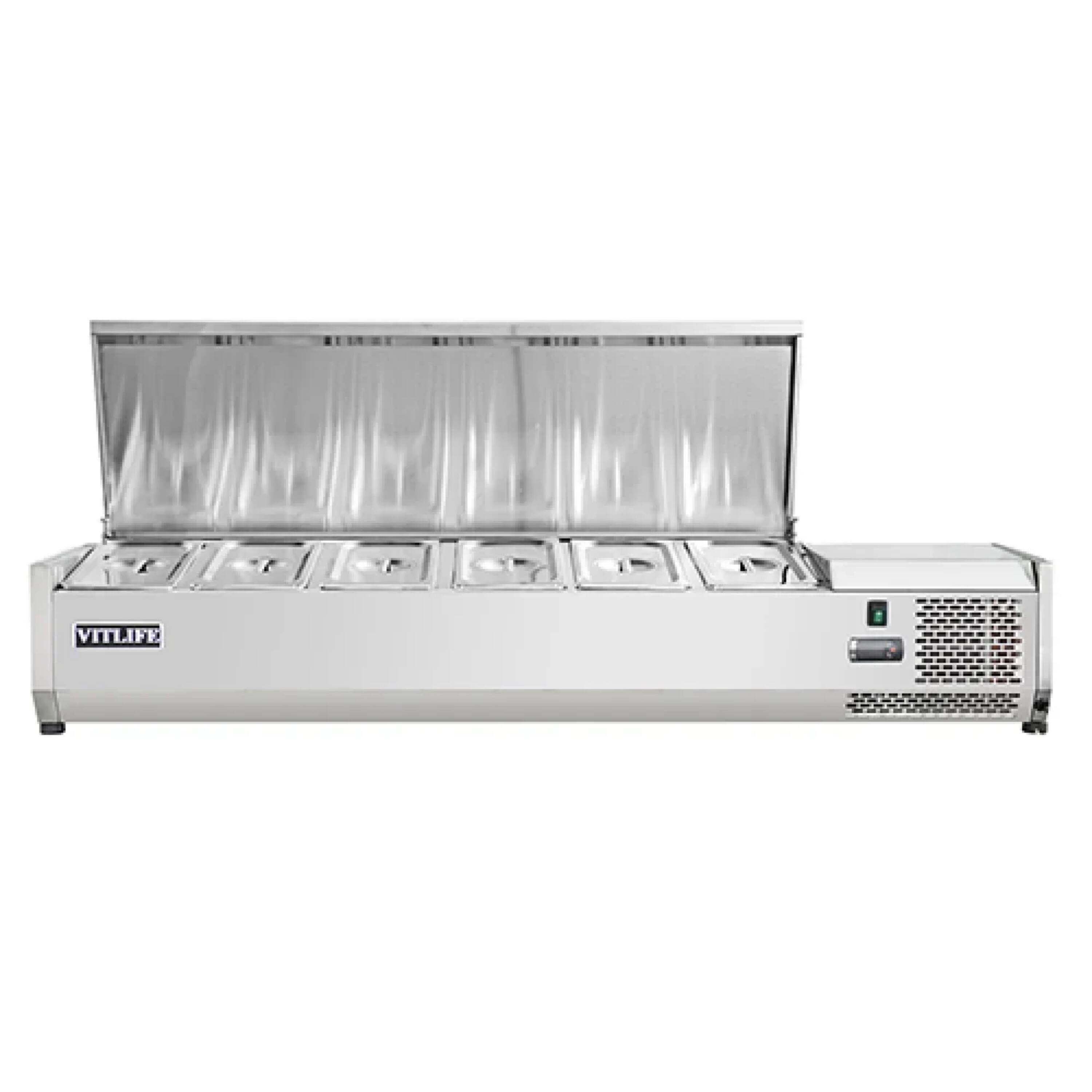 Left. Equator - Equator Vitlife Commercial Refrigerated Condiment Prep Station, Stainless Lid 6 Pan (GN1/3×5+GN1/2×1), 33–41°F, 59.1" - Stainless Steel.