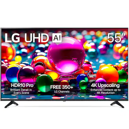 LG UHD AI 55"
HDR10 Pro
Brilliant Detail in Every Scene
FREE 350+ LG Channels
4K Upscaling
Enhances content up to 4K Resolution