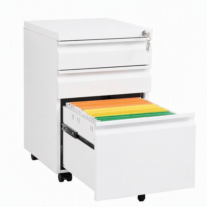 Alt View 5. RYHNUYNE - 3-Drawer White Metal Mobile Filing Cabinet-Legal Letter Sized Office Storage Filing Cabinet with Lock - White.