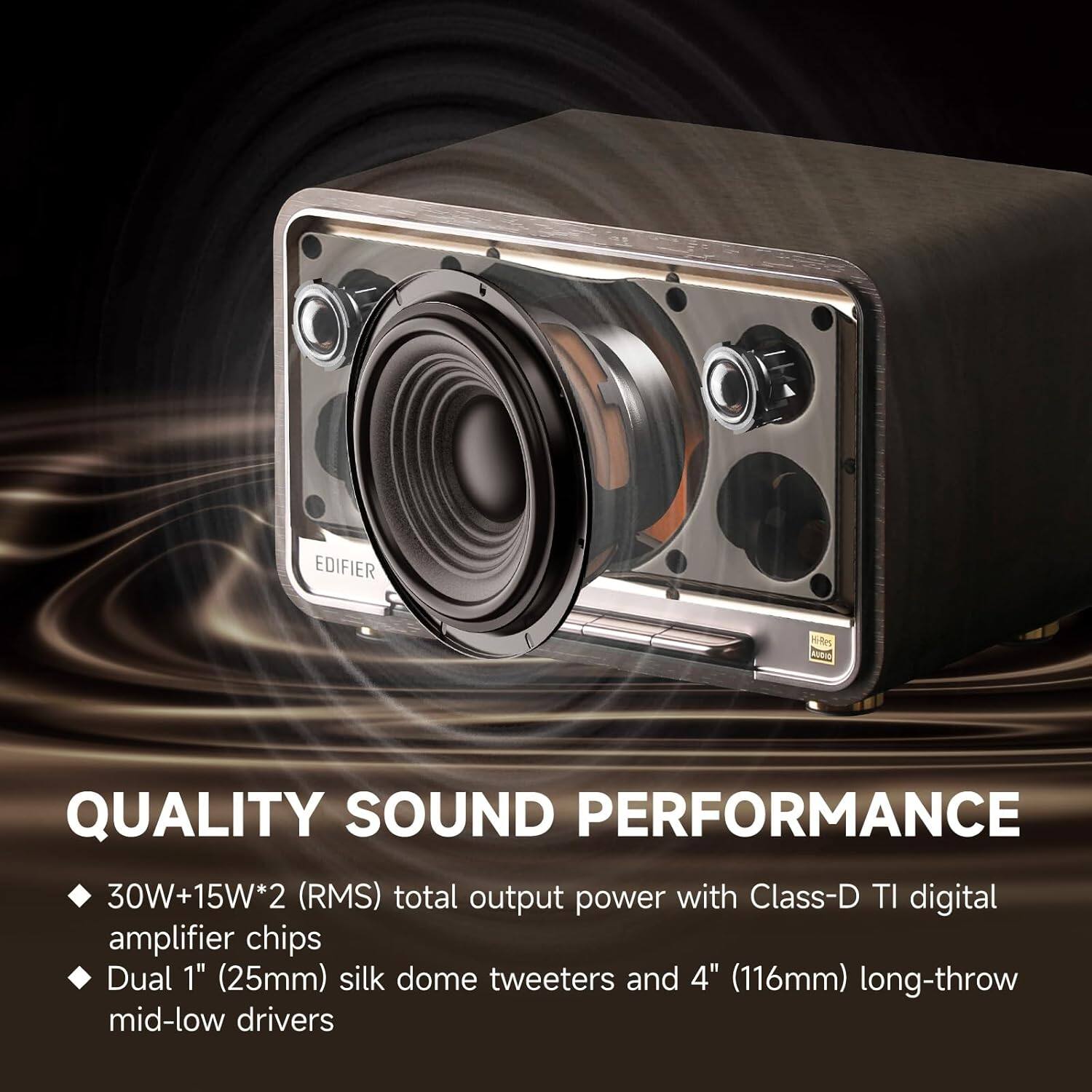 Edifier Hdrs Quality Sound Performance 30W+15W*2 (RMS) total output power with Class-D TI digital amplifier chips Dual 1" (25mm) silk dome tweeters and 4" (116mm) long-throw mid-low drivers.