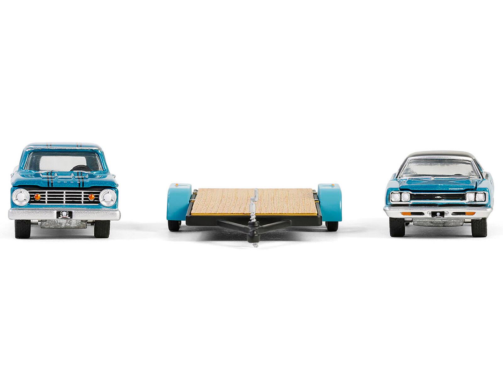 Back. Greenlight - 1969 Plymouth GTX and 1967 Dodge D-200 Pickup Turquoise Metallic Flatbed Trailer Graveyard Carz Hollywood Hitch 1/64 - Turquoise Metallic.