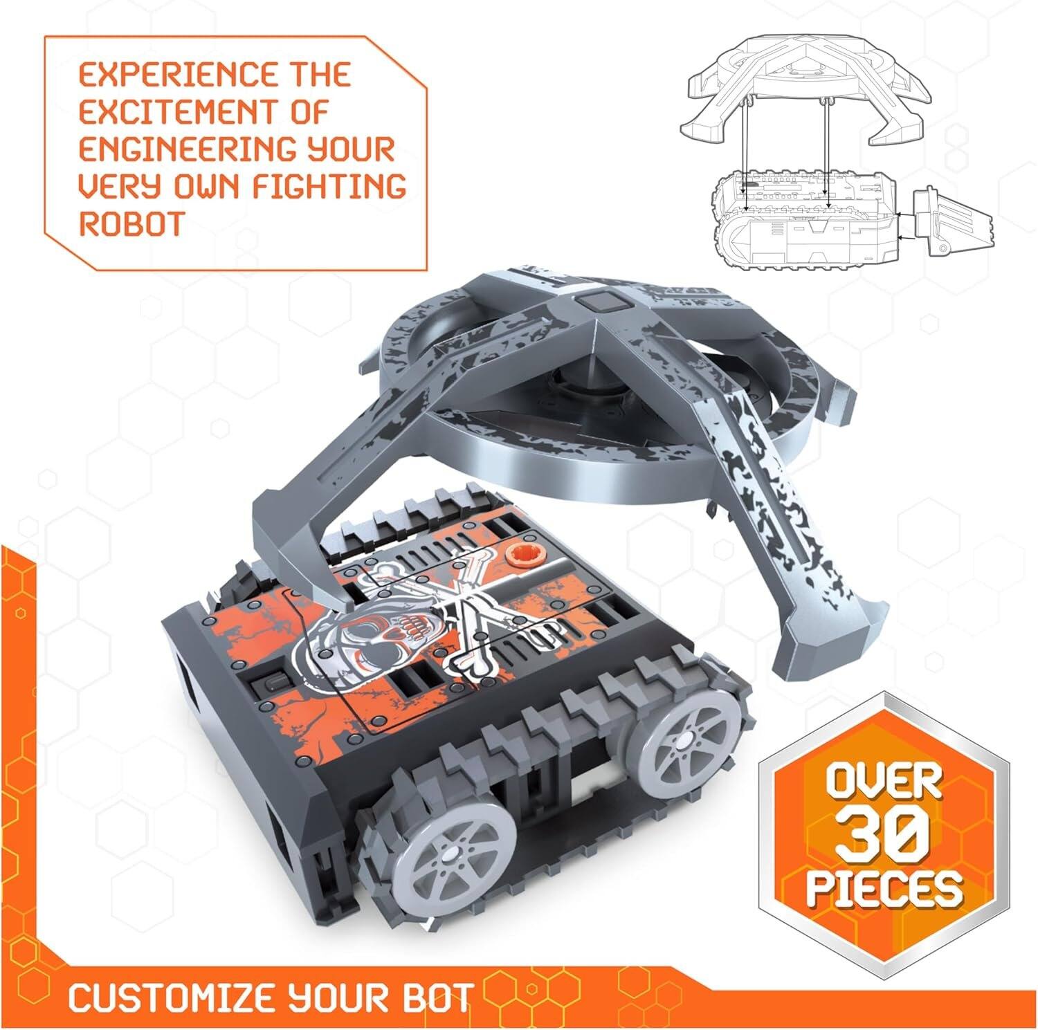 EXPERIENCE THE EXCITEMENT OF ENGINEERING YOUR VERY OWN FIGHTING ROBOT

OVER 30 PIECES

CUSTOMIZE YOUR BOT