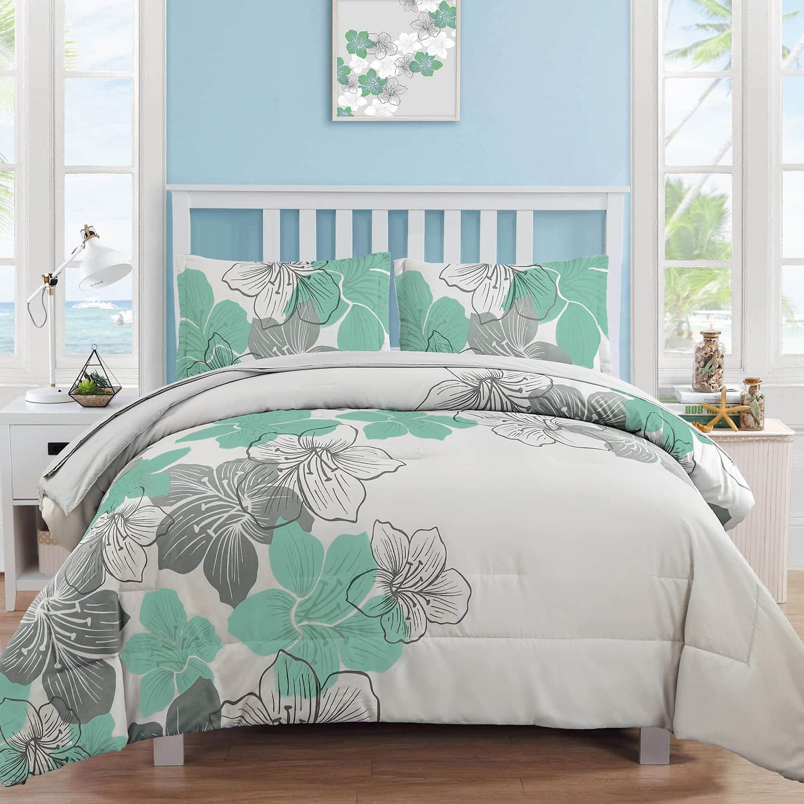 NICHOLAS KLEIN - Navy Comforter Set Queen In A Bag Floral And Sheet Soft Microfiber Complete Bedding Sets For All Seasons - Green King