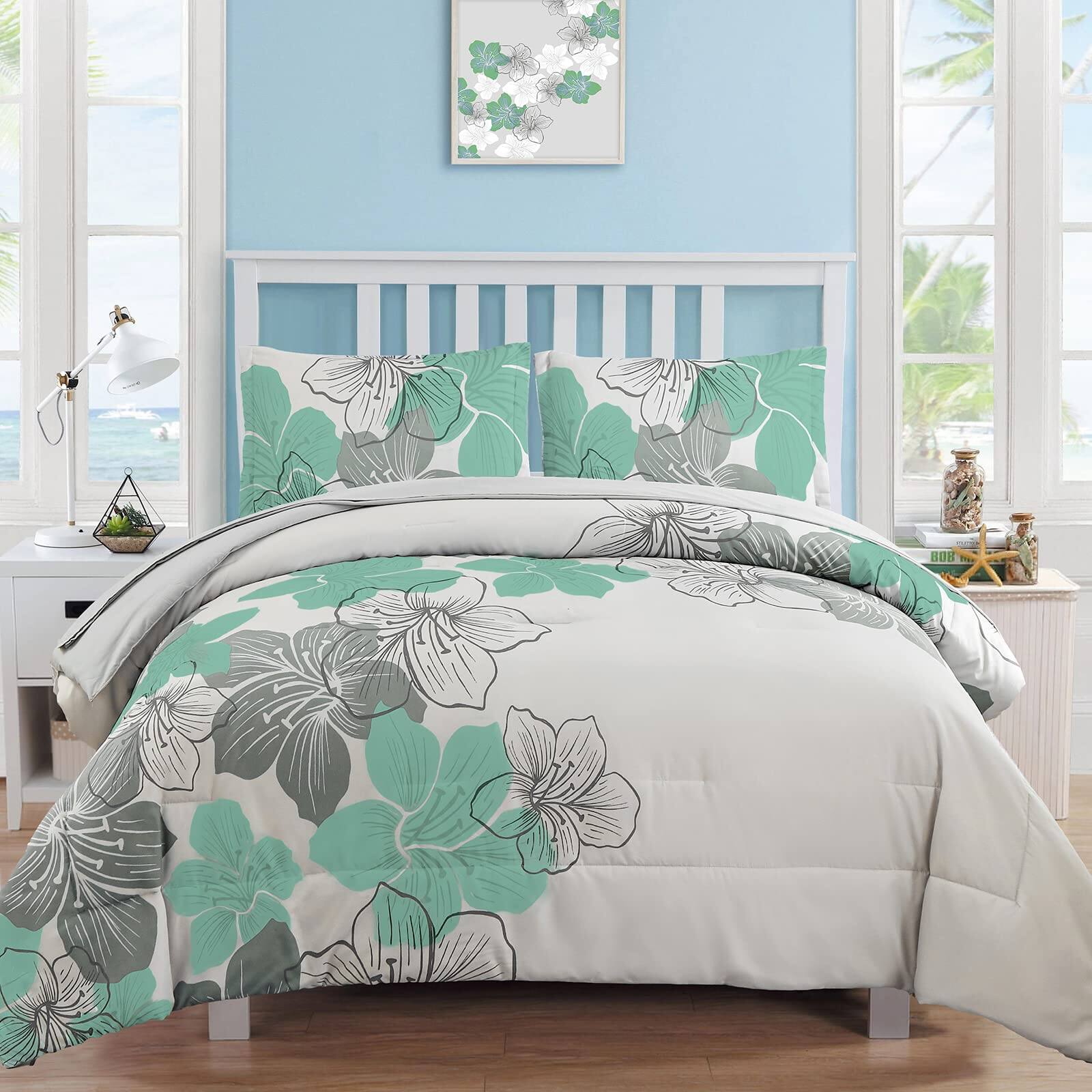 NICHOLAS KLEIN - Navy Comforter Set Queen In A Bag Floral And Sheet Soft Microfiber Complete Bedding Sets For All Seasons - Green King
