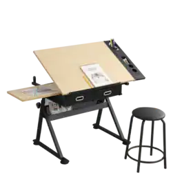 GOODSILO - Professional Adjustable Drafting Table with Storage Drawers and Stool for Artists and Students - Ameican White Oak