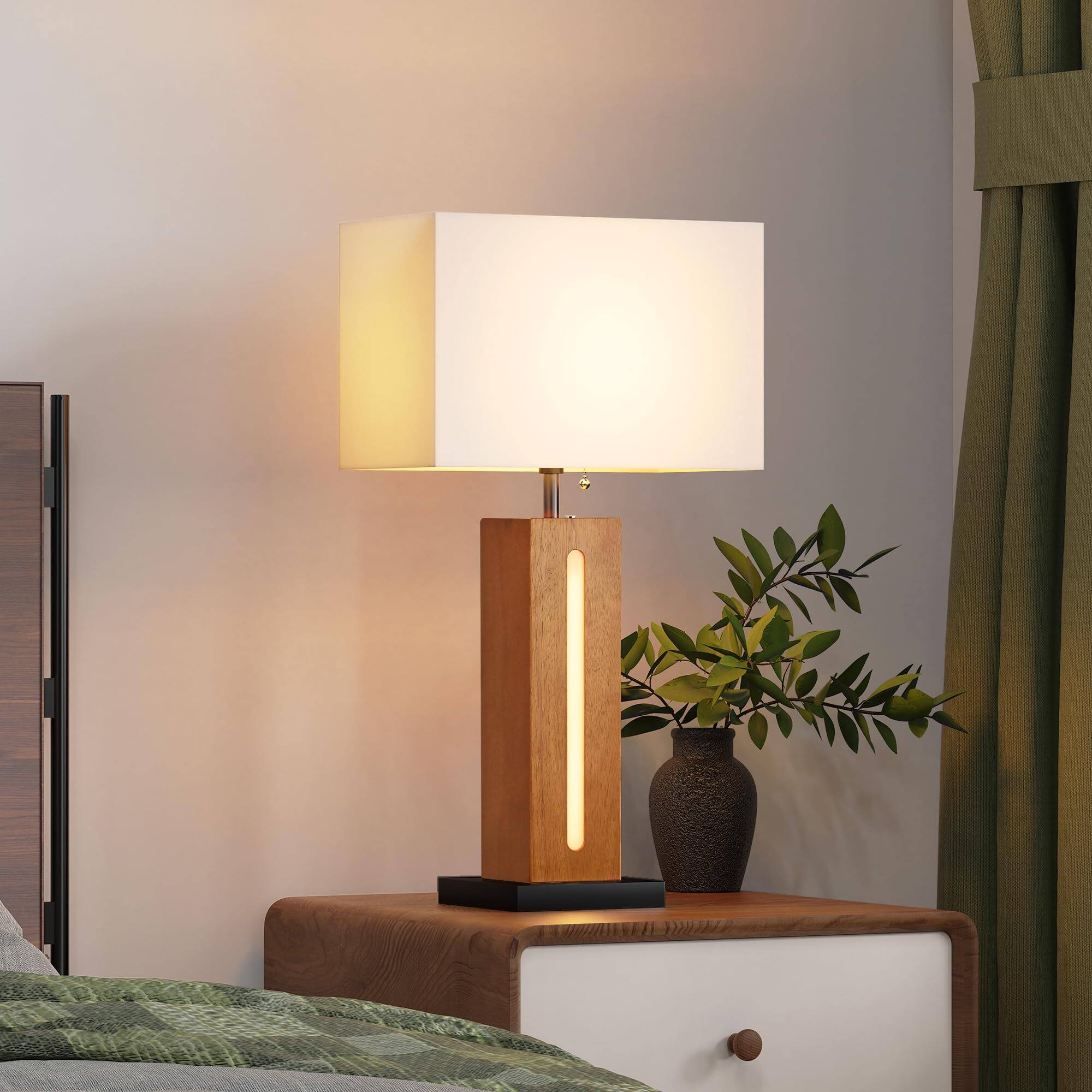 Alt View 2. Pawtners - Rustic Wood Grain Table Lamps Set of 2, Square Farmhouse Bedside Lamps with Dimmable LED Nightlight.