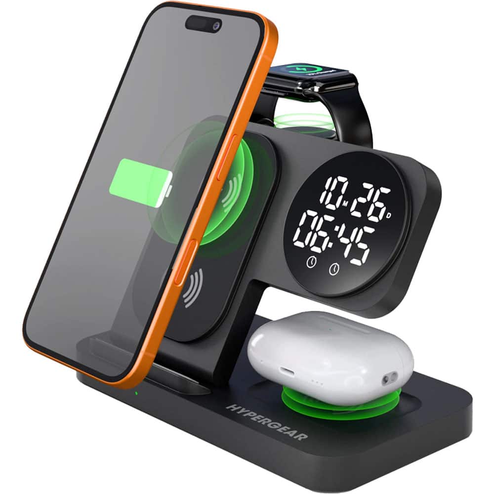 HyperGear - PowerFold 24/7 3-in-1 Wireless Charging Stand with Digital Alarm Clock - Black