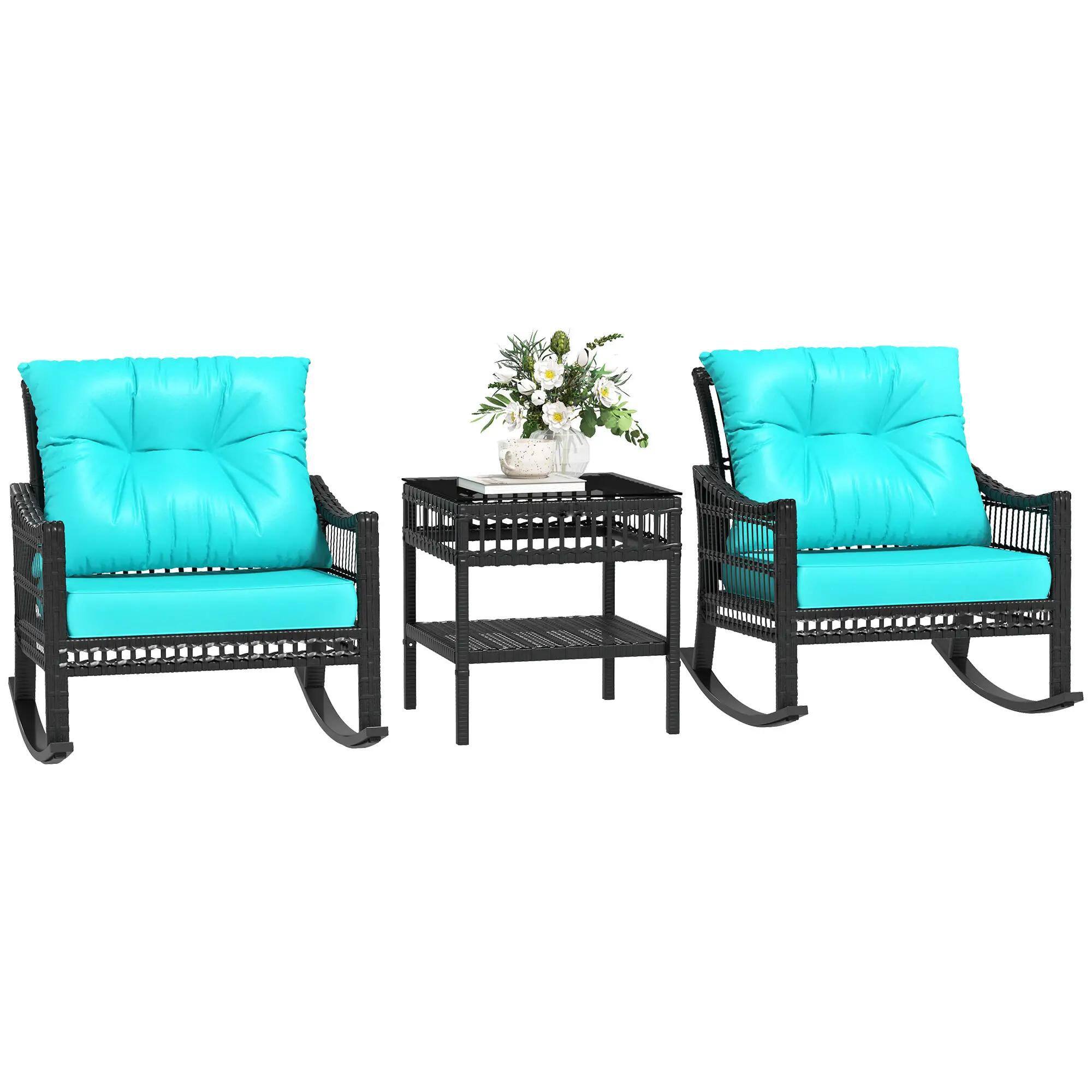Left. Resenkos - Resenkos 3-Piece Patio Bistro Set,PE Rattan, Rocking Chair with Tempered Glass Table Top, Turquoise Green - Turquoise Green.