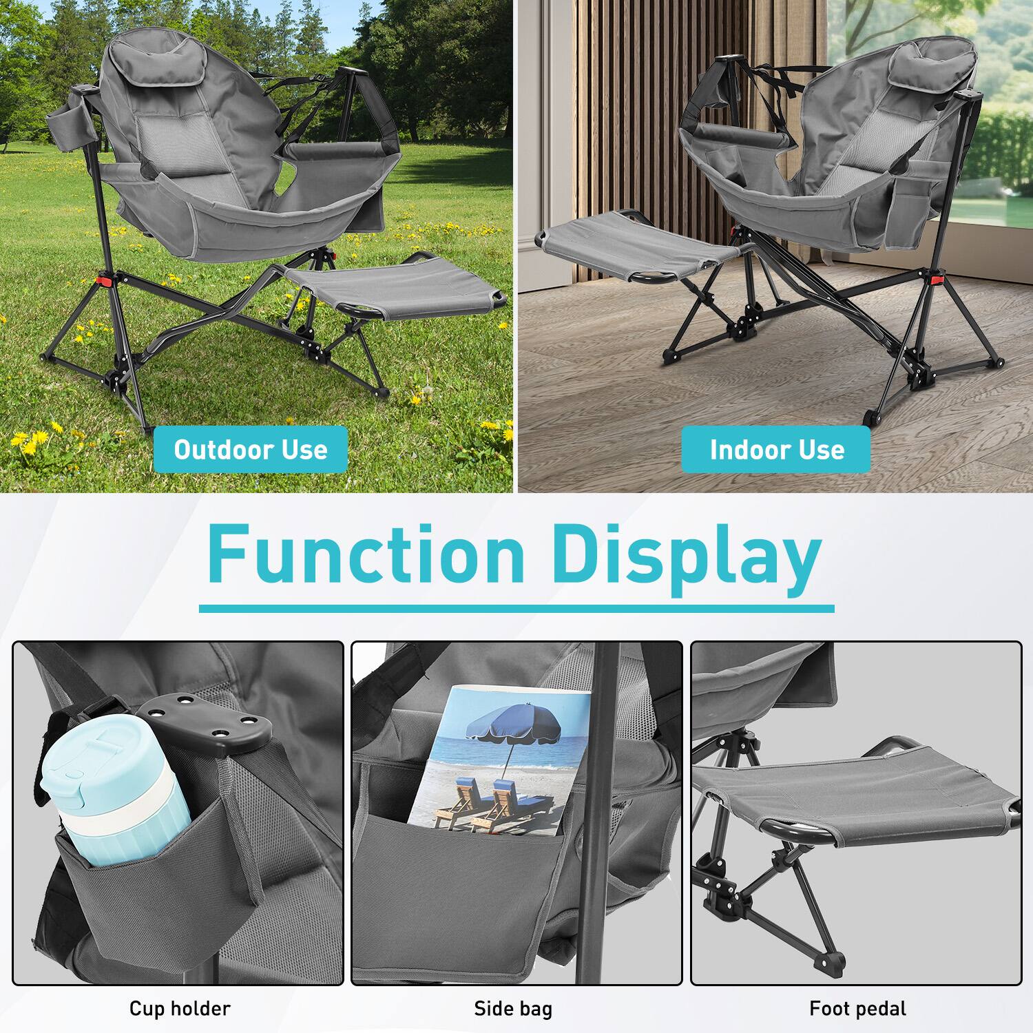 Outdoor Use  
Indoor Use  
Function Display  
Cup holder  
Side bag  
Foot pedal