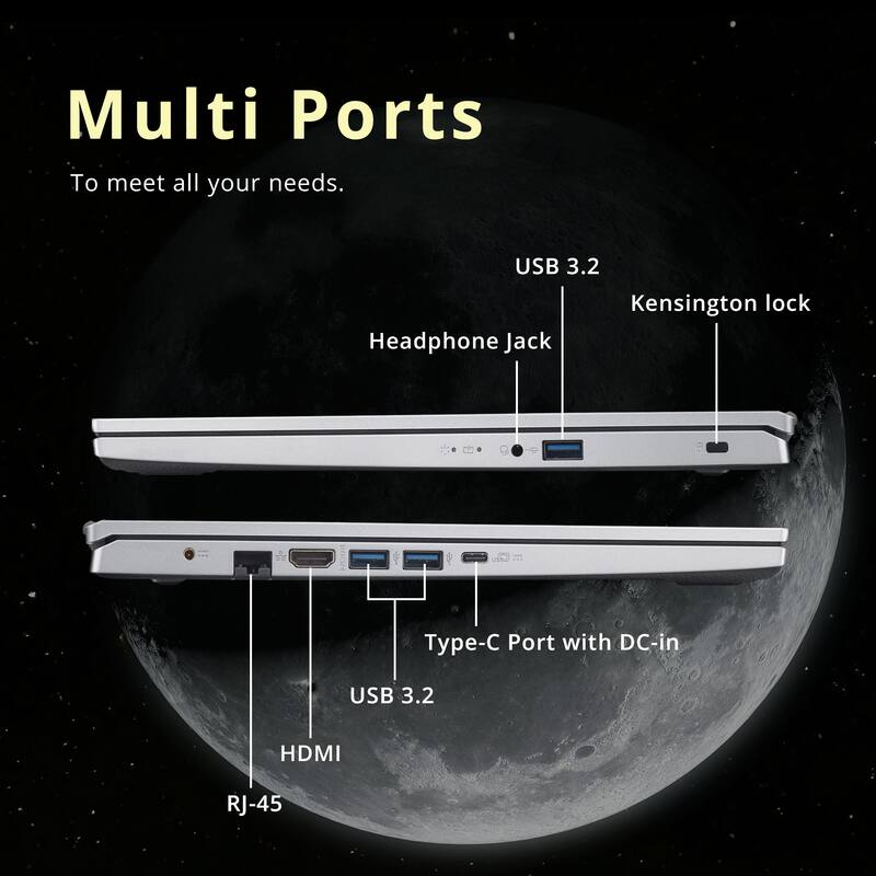 Multi Ports  
To meet all your needs.  

- USB 3.2  
- Kensington lock  
- Headphone Jack  
- Type-C Port with DC-in  
- USB 3.2  
- HDMI  
- RJ-45