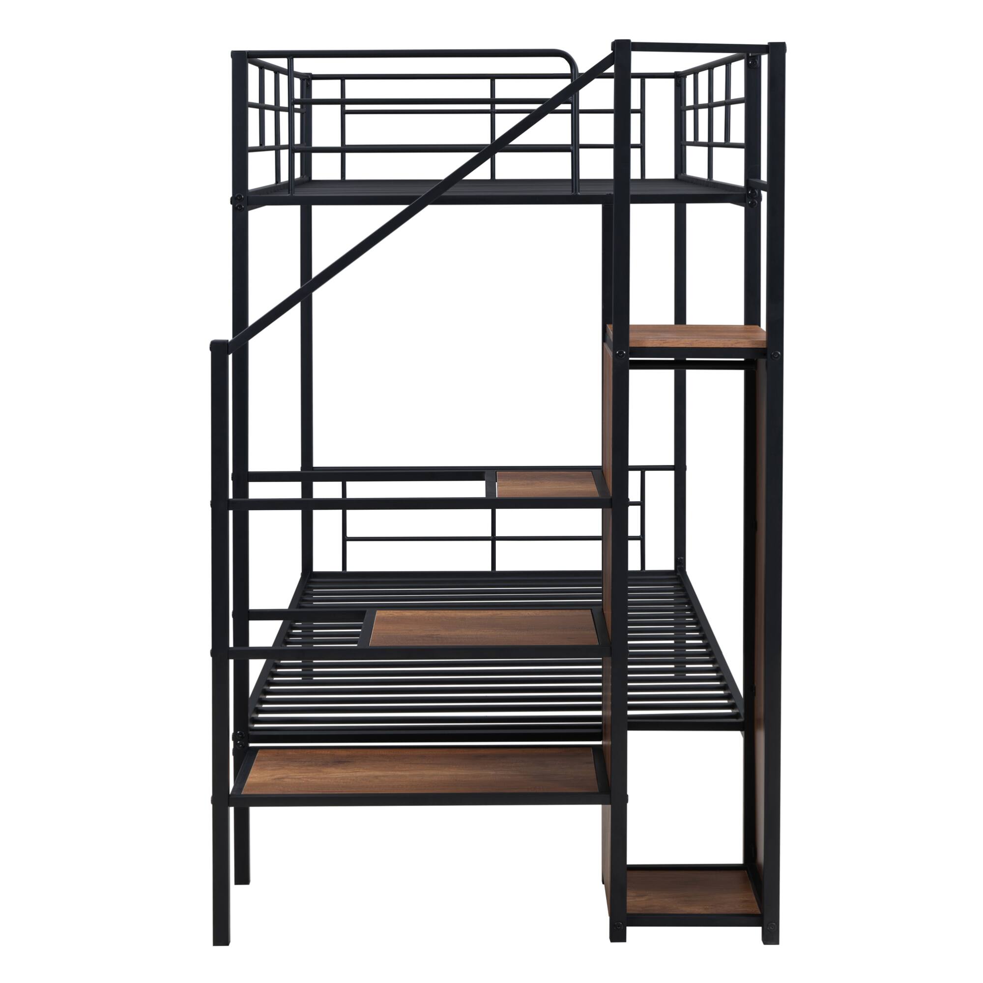 Alt View 2. GOODSILO - Contemporary Twin Over Twin Metal Bunk Bed with Integrated Storage Ladder and Wardrobe - Black.