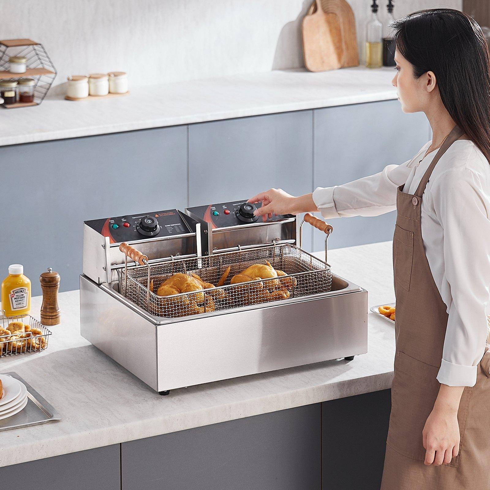 Alt View 1. Glintex - Commercial Electric Deep Fryer 3000W Countertop 18Qt 17L Dual Basket Timer Temperature Control Stainless Steel Fryer - Silver.