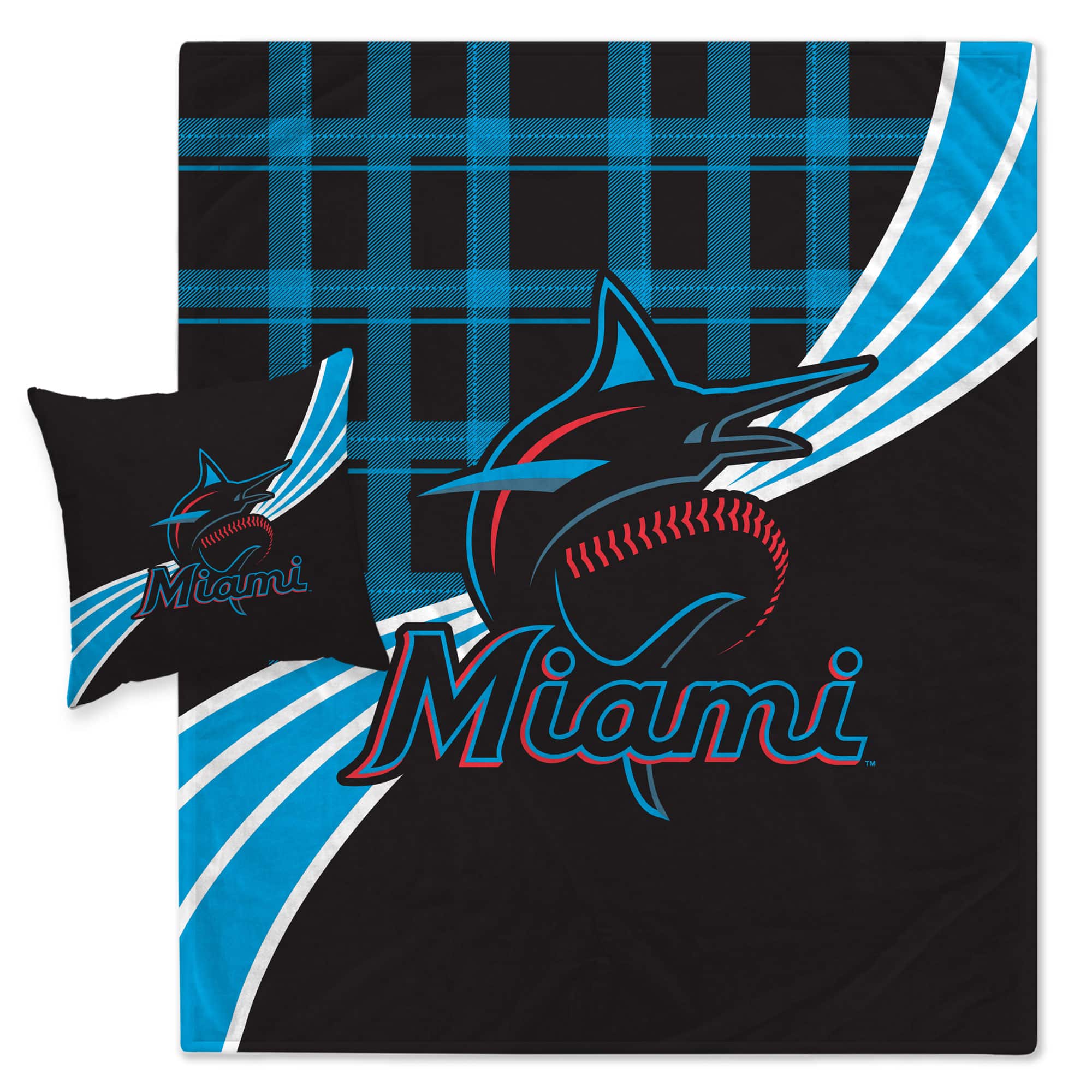 Pegasus - Miami Marlins Plaid Wave Lightweight Blanket & Pillow Combo Set - Multicolor