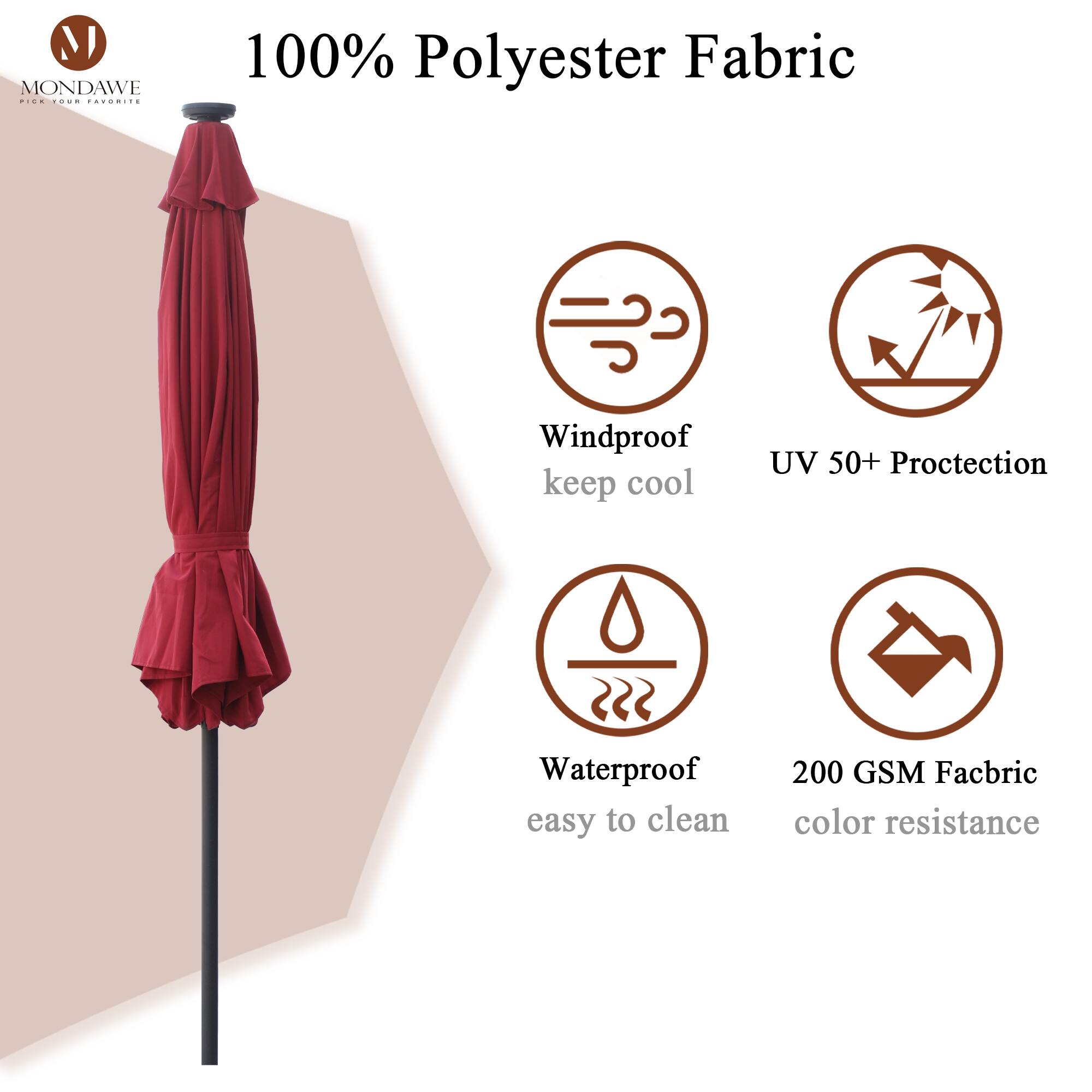 100% Polyester Fabric

- Windproof
  - keep cool

- UV 50+ Protection

- Waterproof
  - easy to clean

- 200 GSM Fabric
  - color resistance